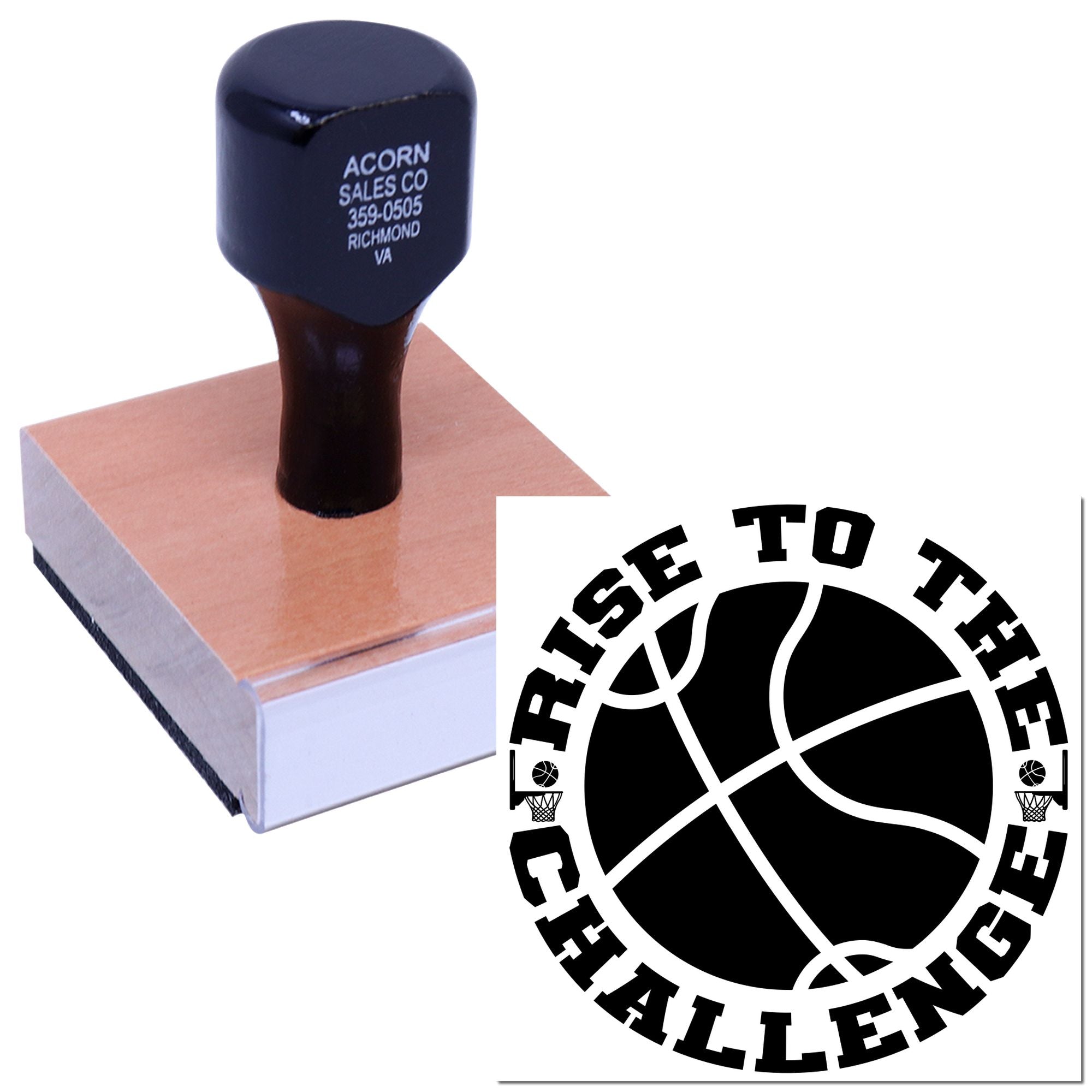 Custom basketball rubber stamp with Rise to the Challenge logo for team branding, school events, and motivational stamping.