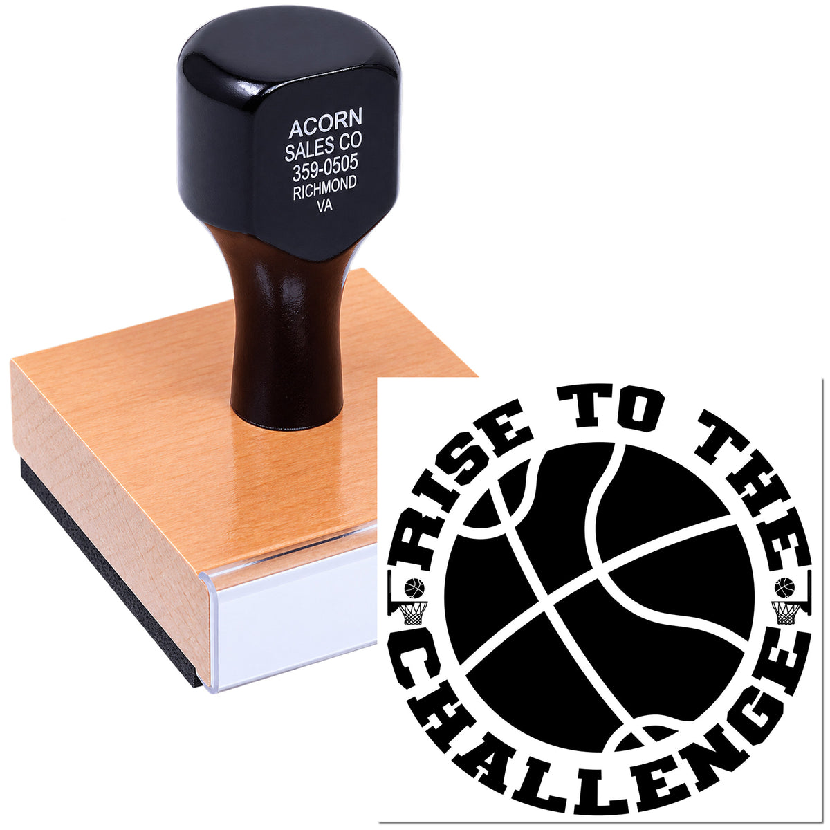 Custom basketball rubber stamp with Rise to the Challenge logo for team branding, school events, and motivational stamping.