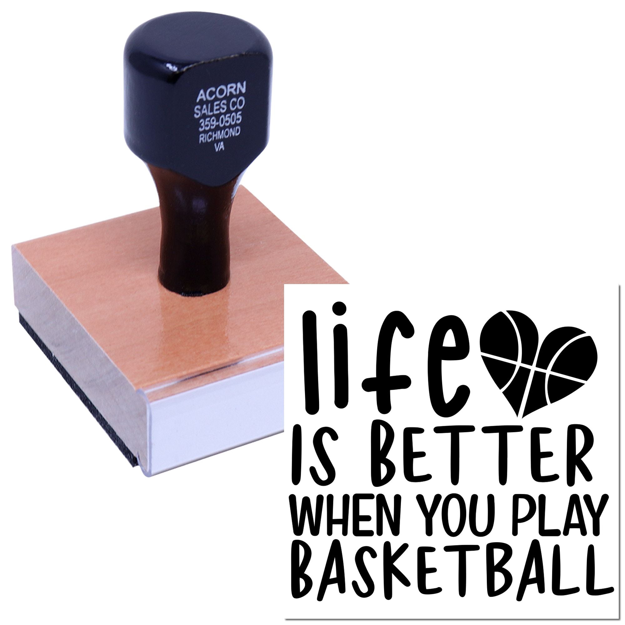 Custom basketball rubber stamp with Life is better when you play basketball design for sports crafts, cards, and scrapbooking.