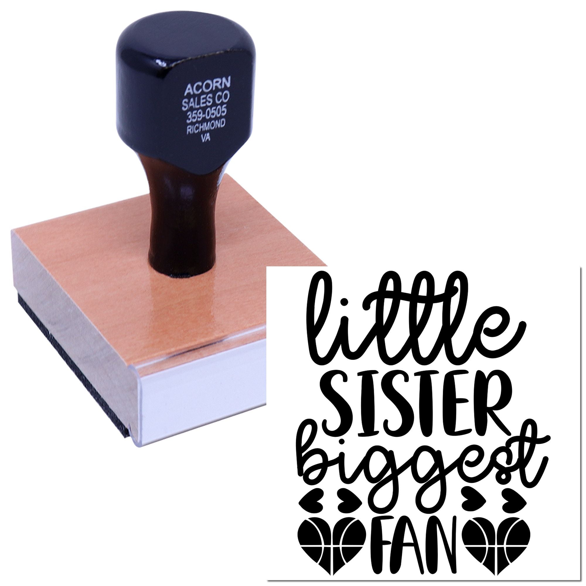 Custom rubber stamp featuring Little Sister Biggest Fan design for personalized crafts, gifts, and scrapbooking.