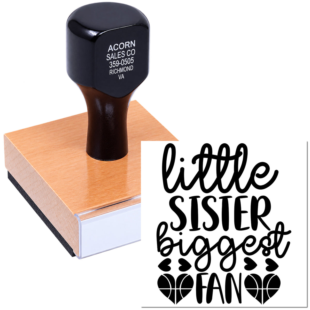 Custom rubber stamp featuring Little Sister Biggest Fan design for personalized crafts, gifts, and scrapbooking.