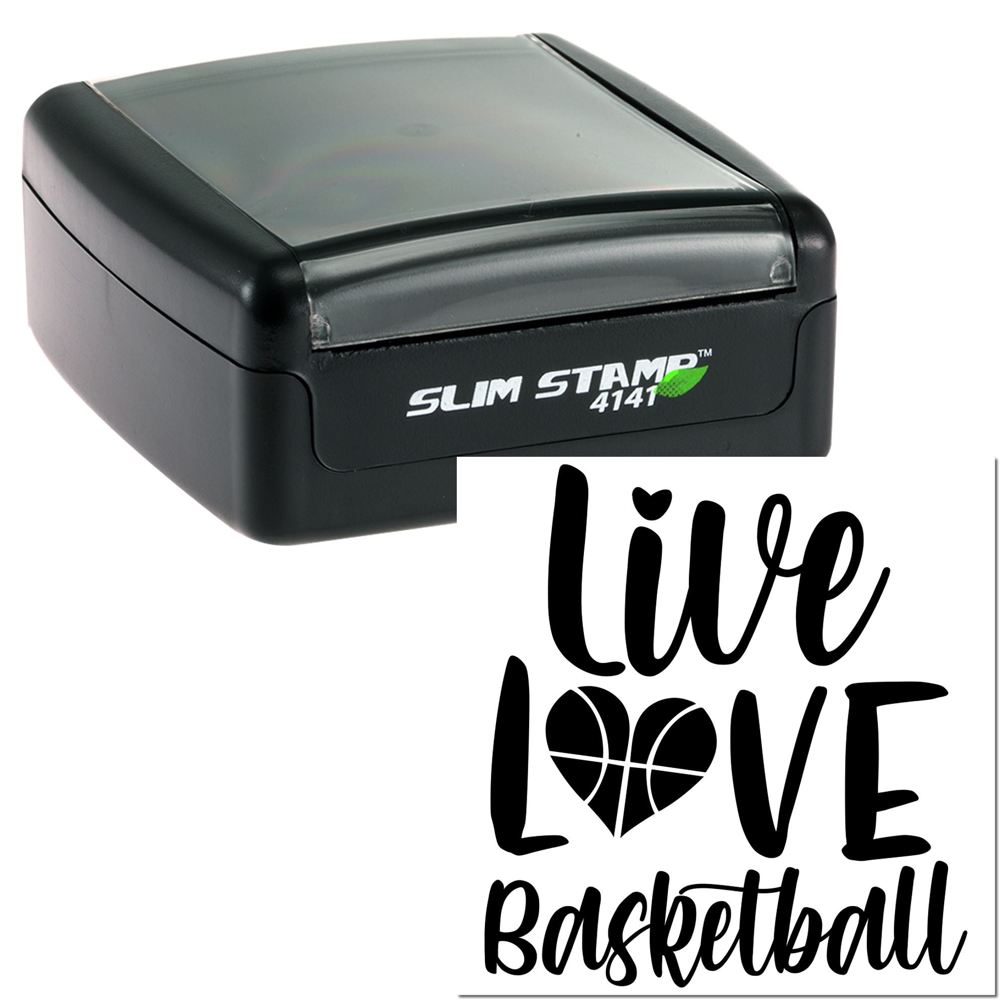 Self-inking Slim Stamp 4141 rubber stamp with Live Love Basketball design for basketball-themed crafts, gifts and stationery.