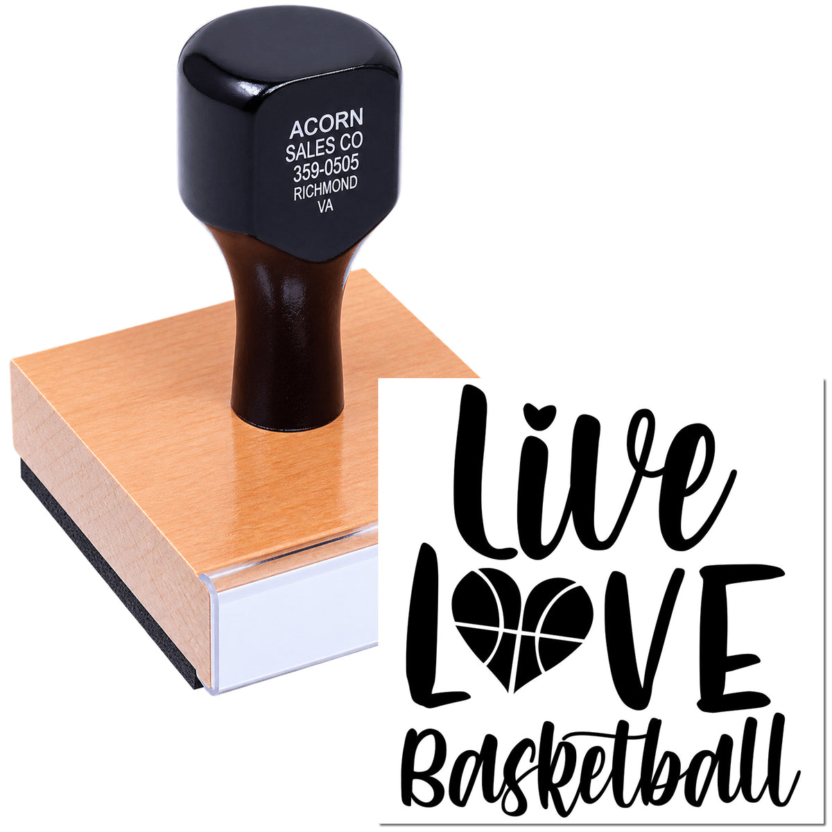 Love Basketball custom rubber stamp on ink pad for sports-themed crafts, gifts, and team branding