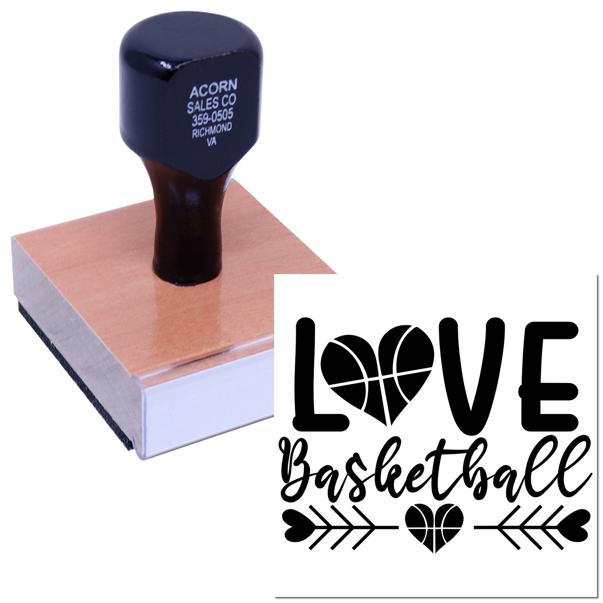 Custom basketball LOVE rubber stamp with heart design, ideal for crafts, stationery, and sports-themed branding.