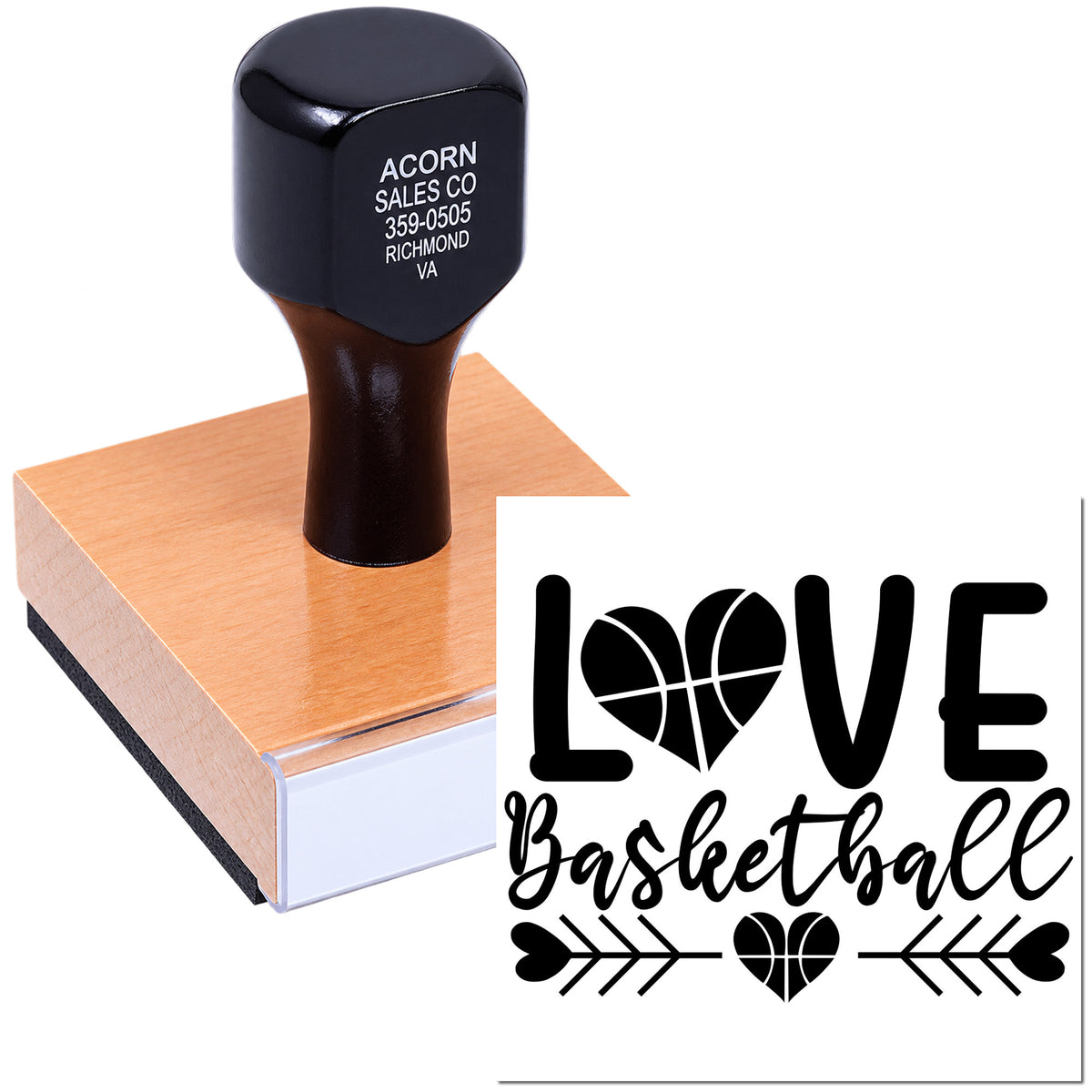 Custom basketball LOVE rubber stamp with heart design, ideal for crafts, stationery, and sports-themed branding.