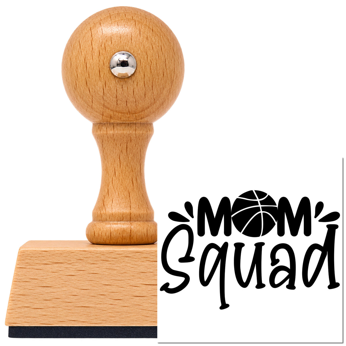 Basketball Mom Squad Word Art Vintage Pro rubber stamp in European beech wood with a round knob handle, shown beside its black imprint.