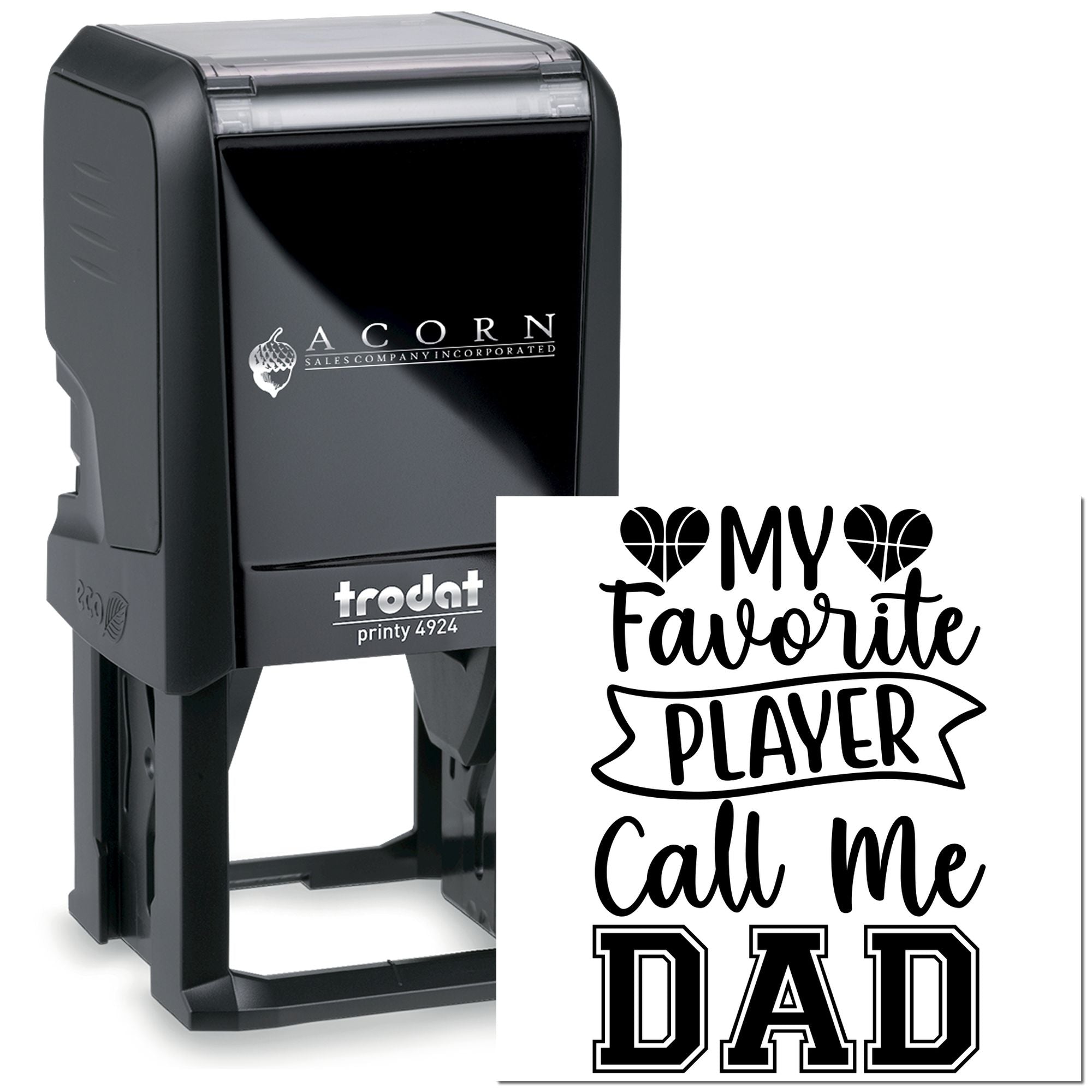 Custom self-inking rubber stamp with My Favorite Player Call Me Dad design for personalized Fathers Day and gift projects.