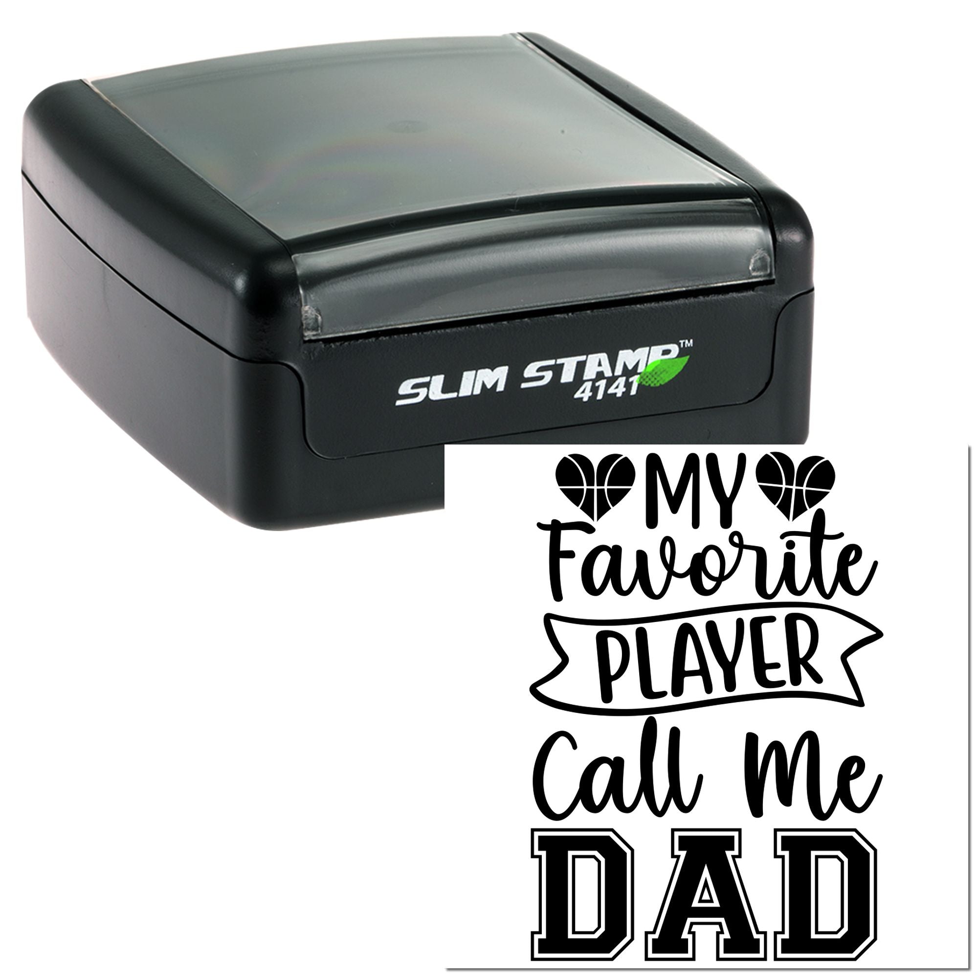 Self-inking custom rubber stamp with basketball hearts and My Favorite Player Call Me Dad design for Fathers Day gifts.