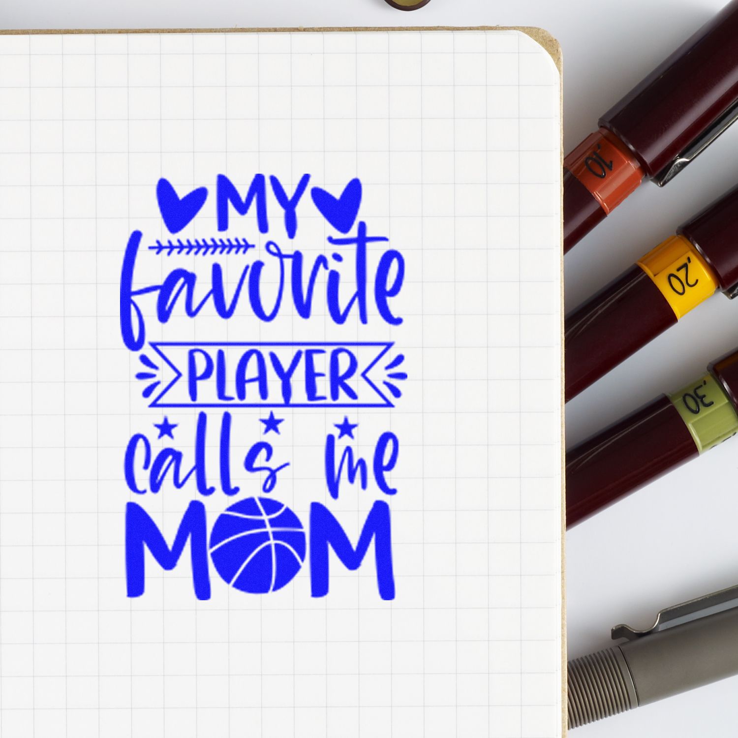 Custom rubber stamp design reading My Favorite Player Calls Me Mom with basketball icon, perfect for sports mom gifts.