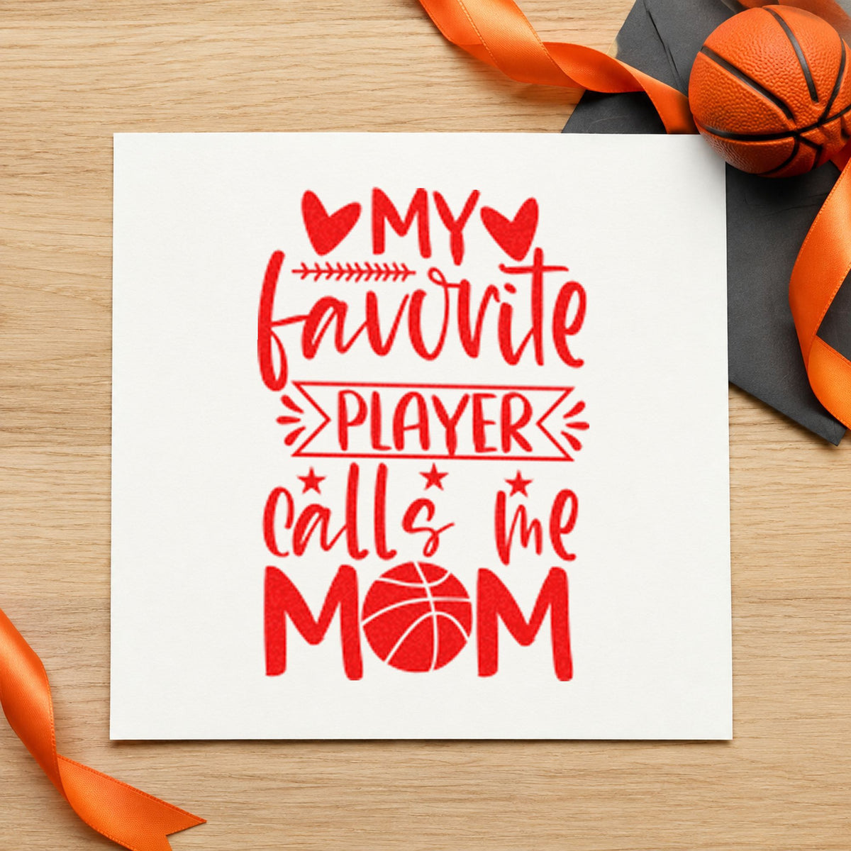 Favorite Player Calls Mom rubber stamp shown in red ink, stamped for projects such as box print labels.