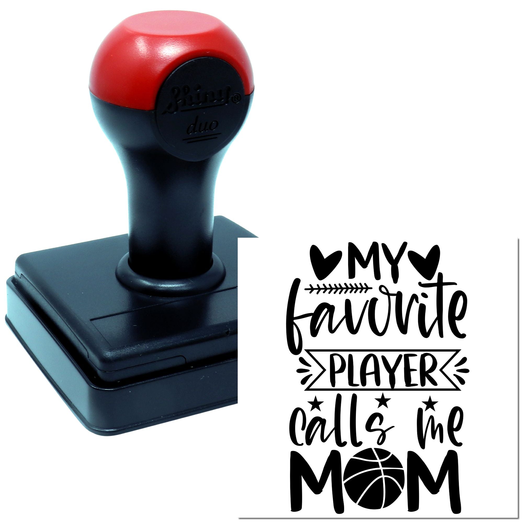 Personalized self-inking rubber stamp with My favorite player calls me Mom basketball design for sports moms.