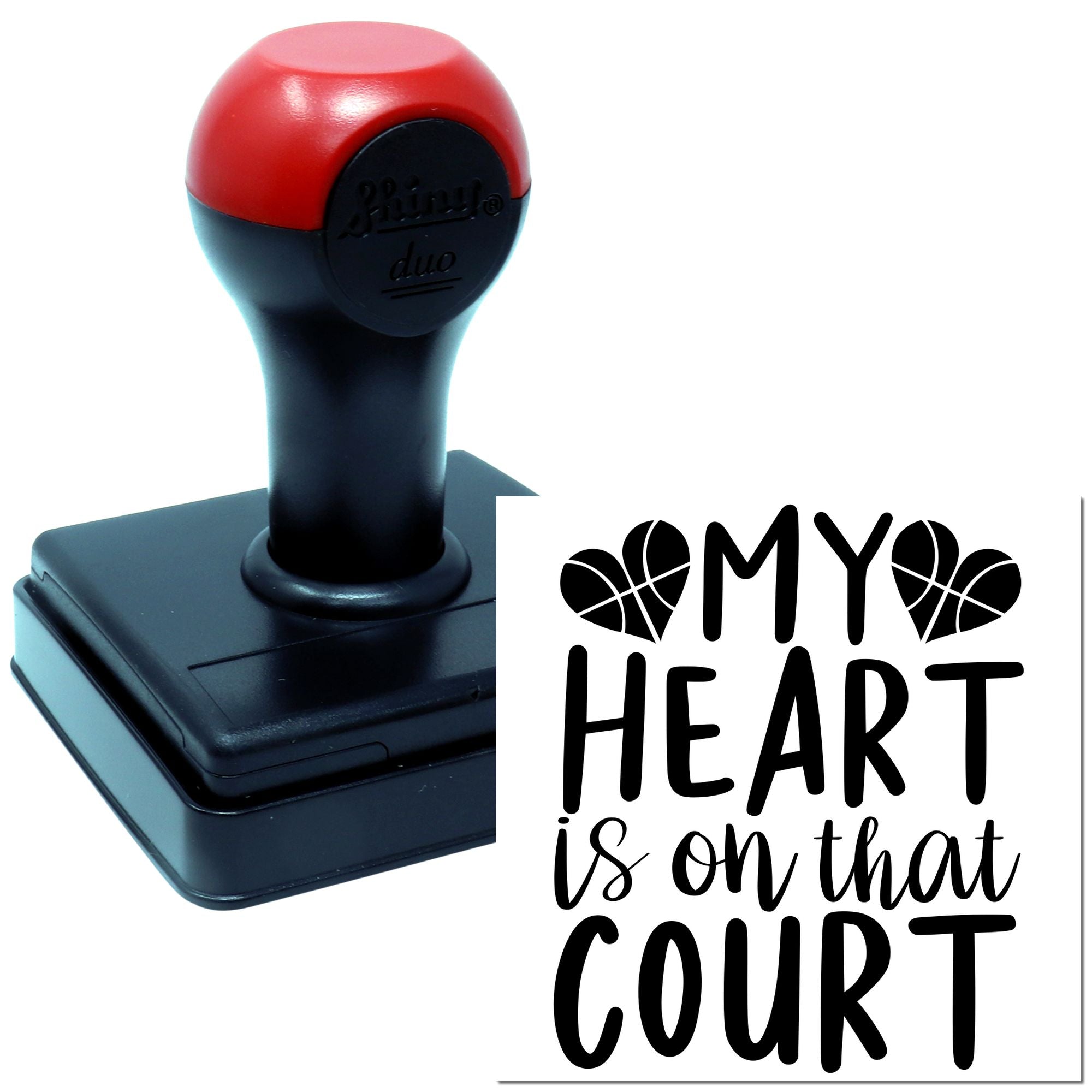 Personalized self-inking rubber stamp with basketball heart design and My Heart Is on That Court message.