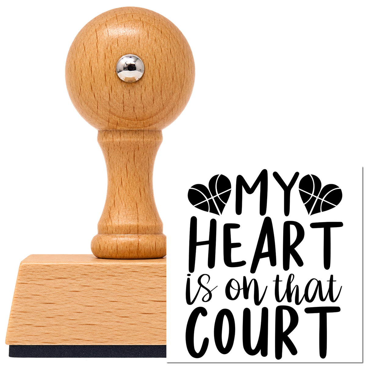 My Heart Is On That Court Vintage Pro rubber stamp in European beech wood with a round knob handle, shown beside its black imprint.