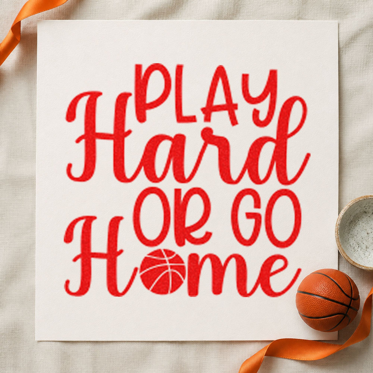 Play Hard or Go Home craft stamp imprint in red ink on a handmade project, one idea being match score cards.