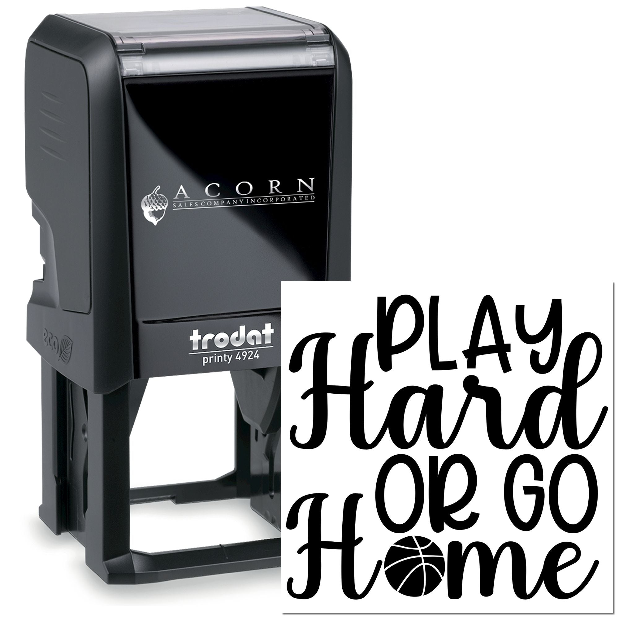Custom self-inking rubber stamp with Play Hard or Go Home design, ideal for sports team branding and crafts.