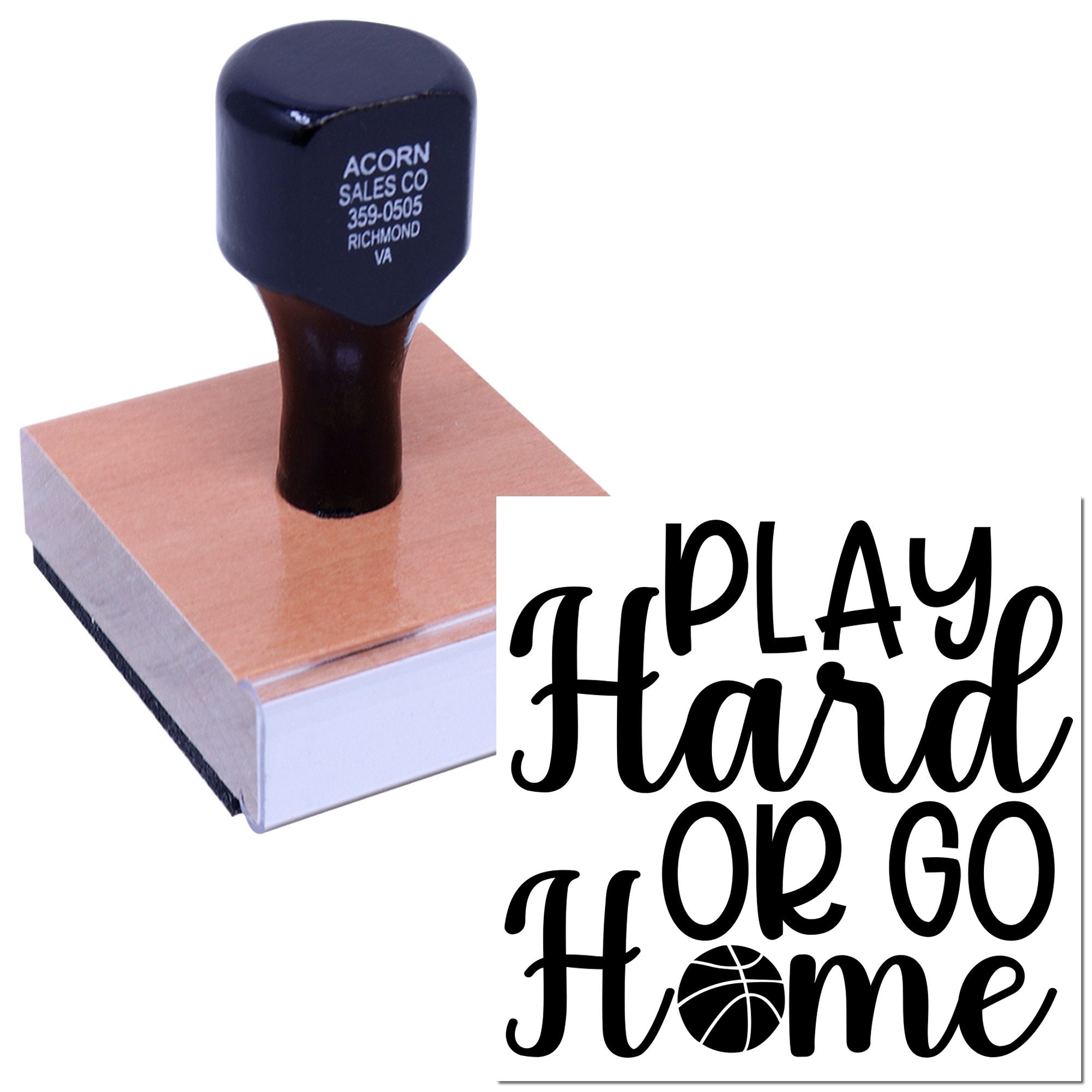Custom rubber stamp with Play Hard or Go Home basketball design for sports-themed crafting and business branding.
