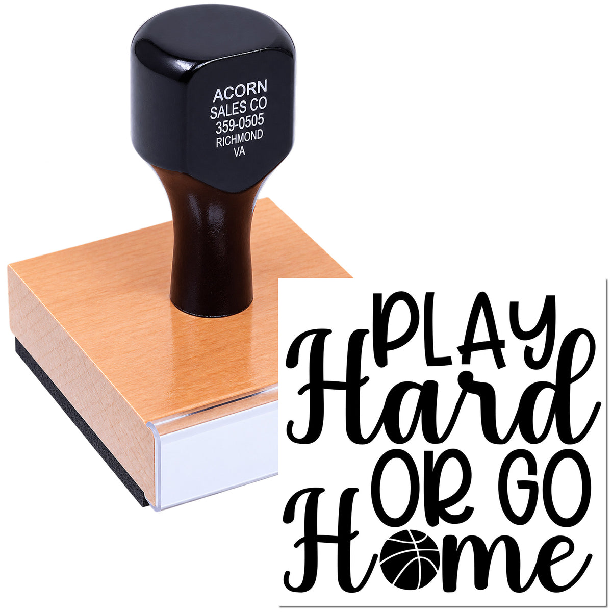 Custom rubber stamp with Play Hard or Go Home basketball design for sports-themed crafting and business branding.