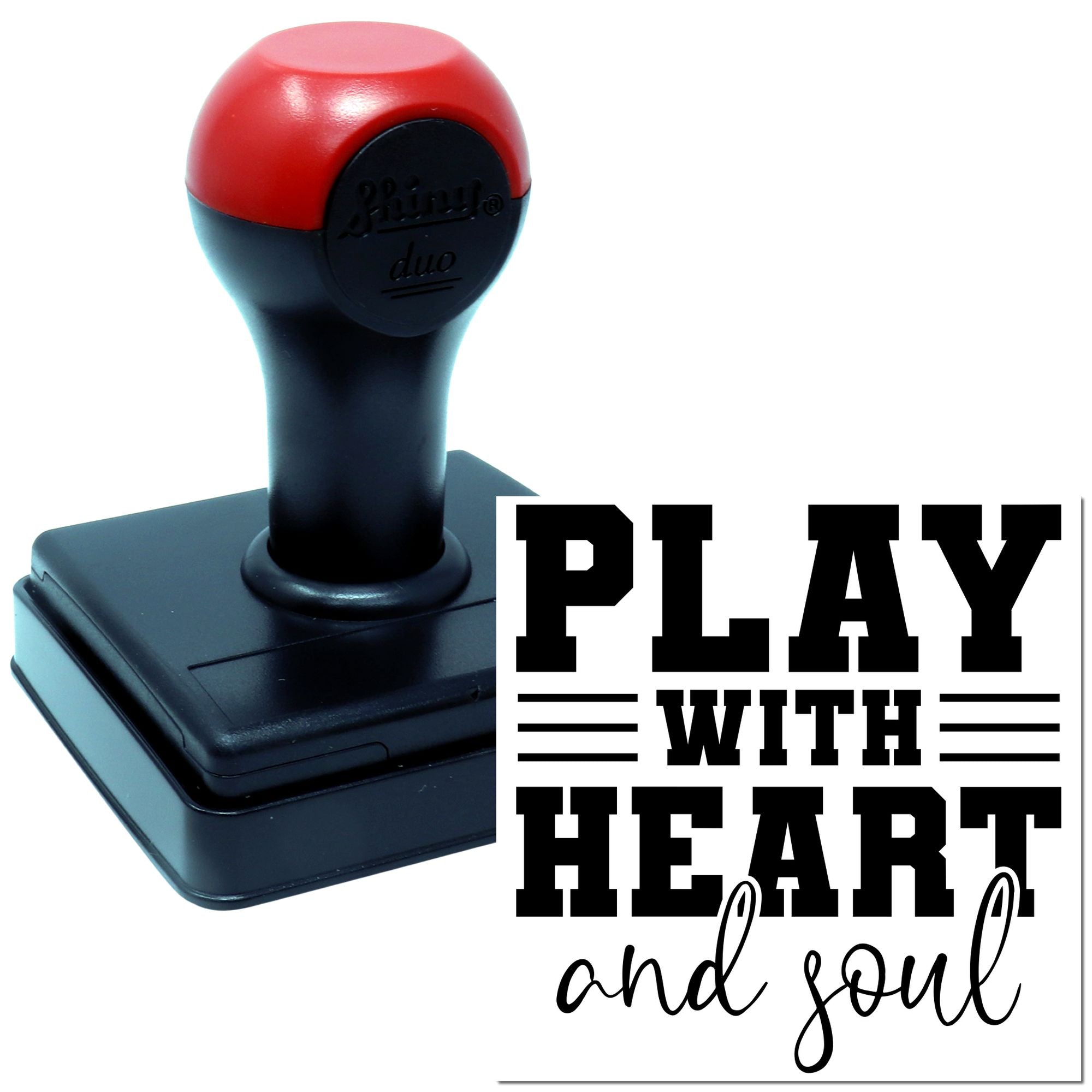 Custom self-inking rubber stamp with Play With Heart and Soul design for handmade crafts, packaging, and branding.