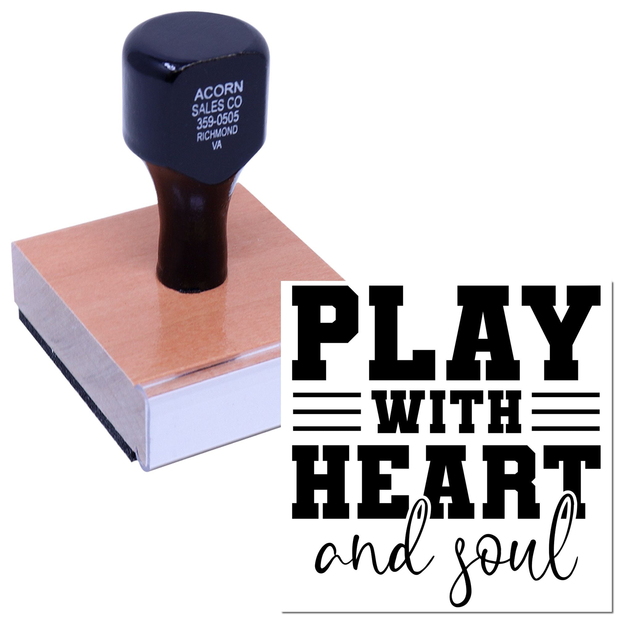 Wooden rubber stamp with Play With Heart and Soul design for crafting, card making, and handmade projects.