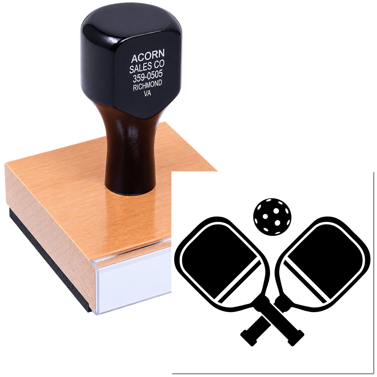 Custom rubber stamp with pickleball paddles logo for sports branding, packaging, and business use.