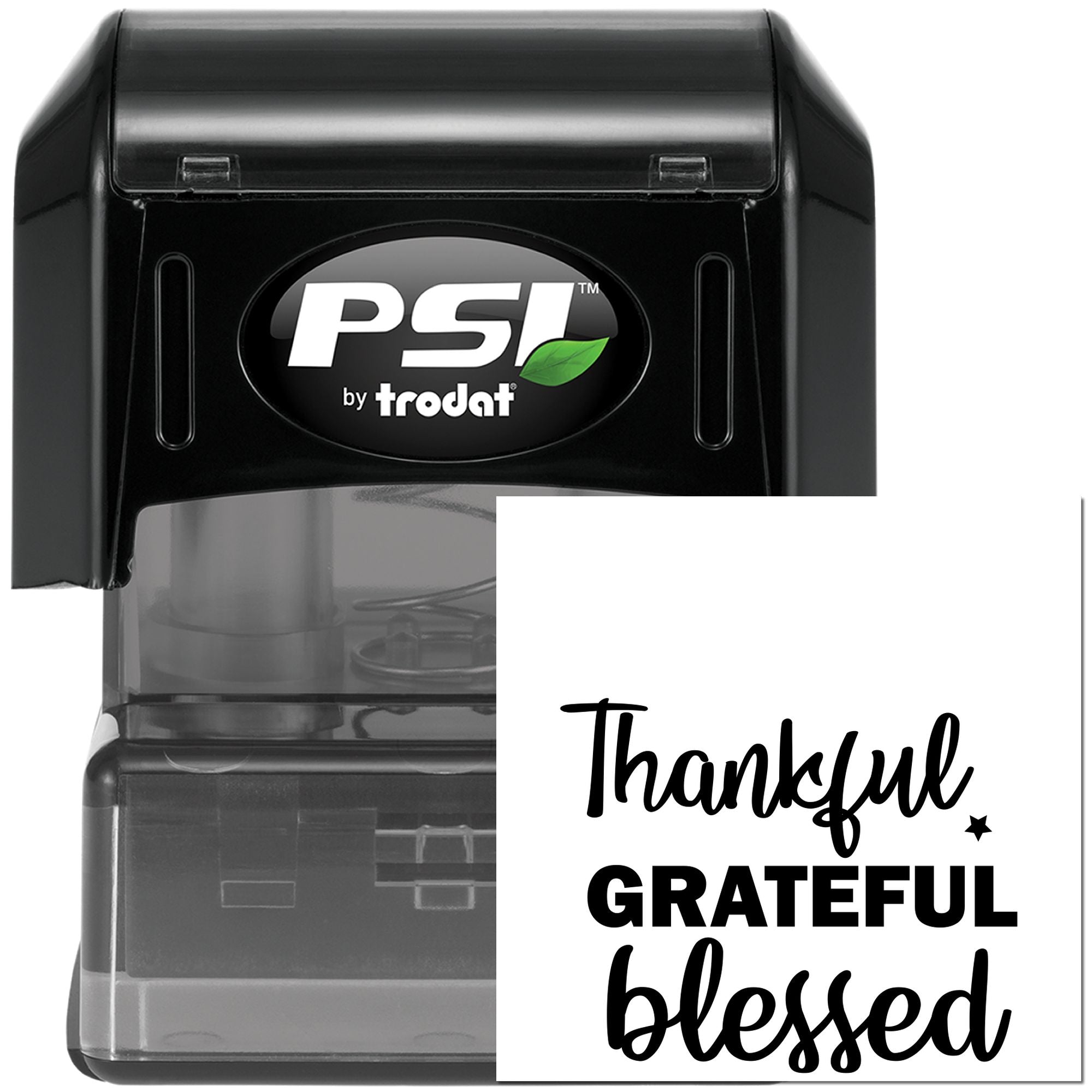 PSI by Trodat self-inking rubber stamp with Thankful Grateful Blessed design for custom crafting and labeling.