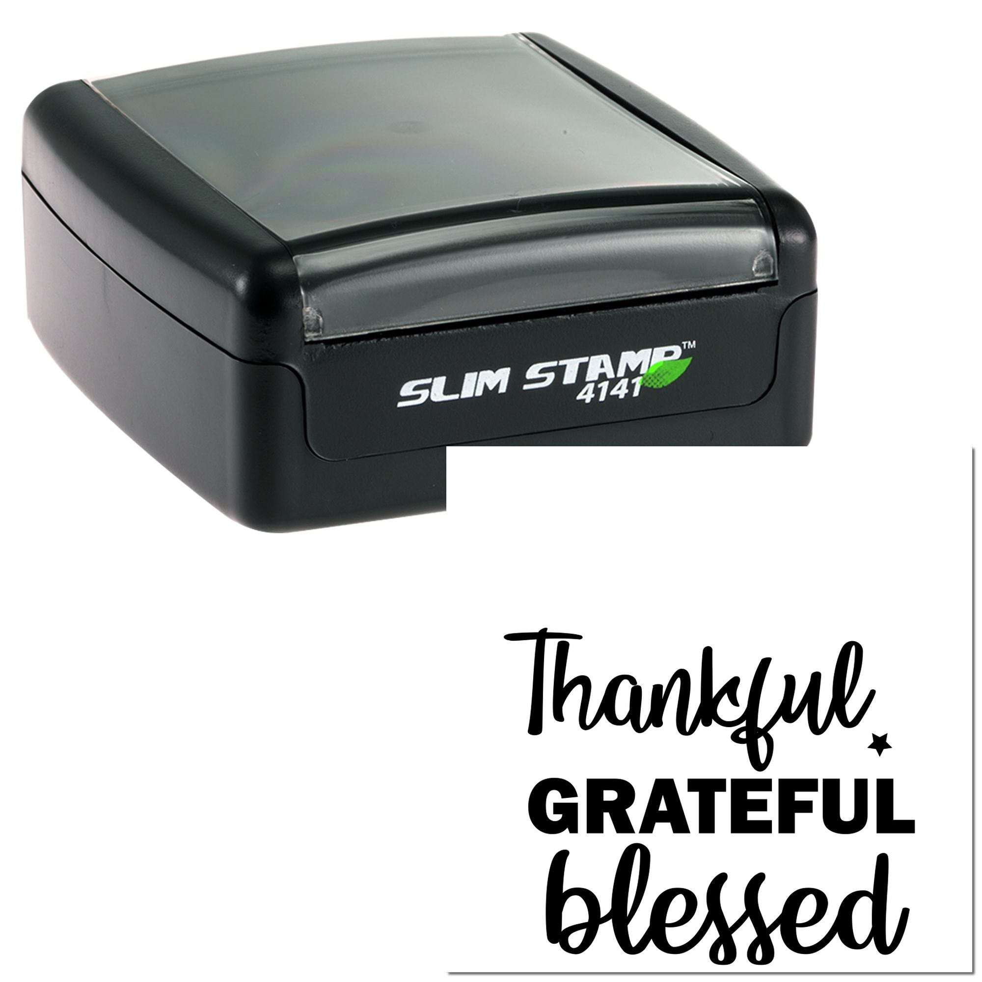Thankful Grateful Blessed self-inking rubber stamp for cards, scrapbooking, and handmade gift packaging.