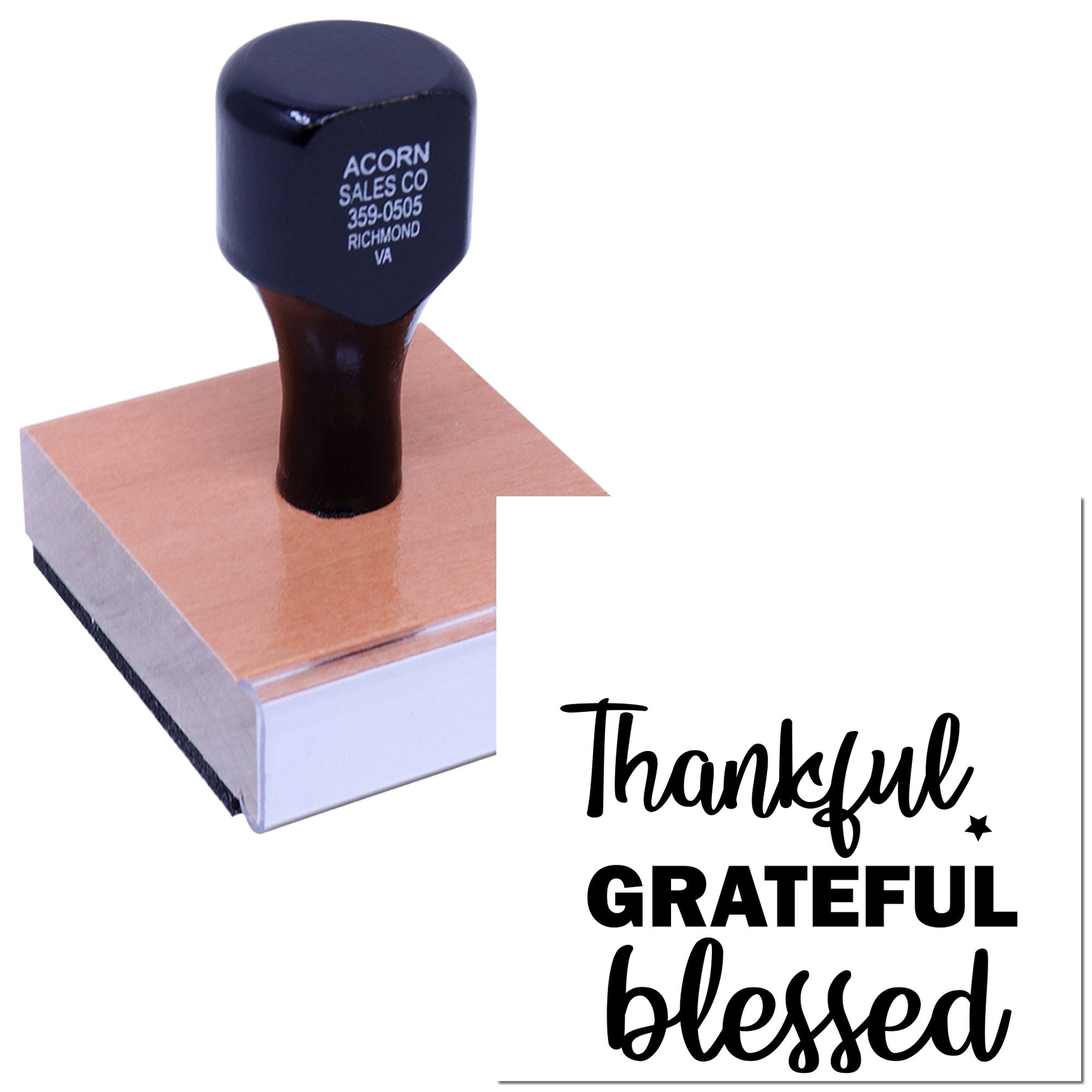 Custom rubber stamp with Thankful Grateful Blessed design for cards, crafts, and inspirational stamping.