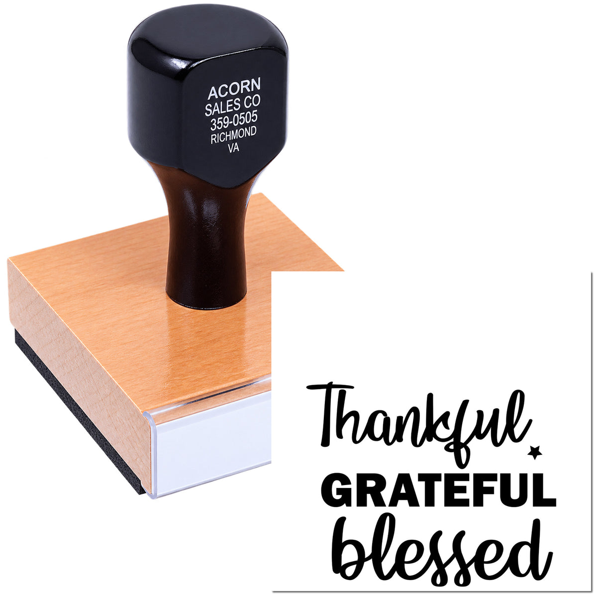 Custom rubber stamp with Thankful Grateful Blessed design for cards, crafts, and inspirational stamping.