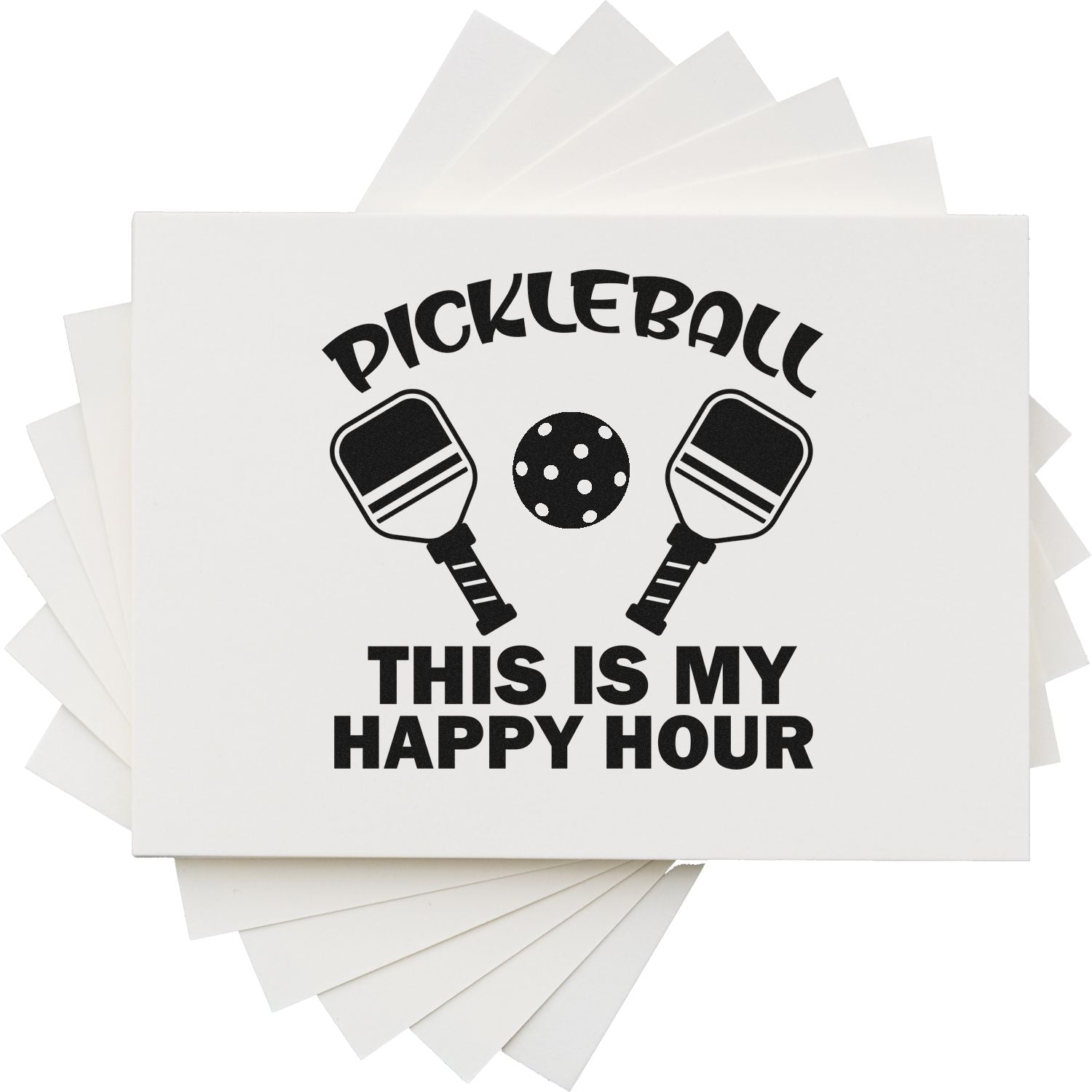 Pickleball rubber stamp design reading This Is My Happy Hour with paddle and ball graphic for custom sports-themed stamping.