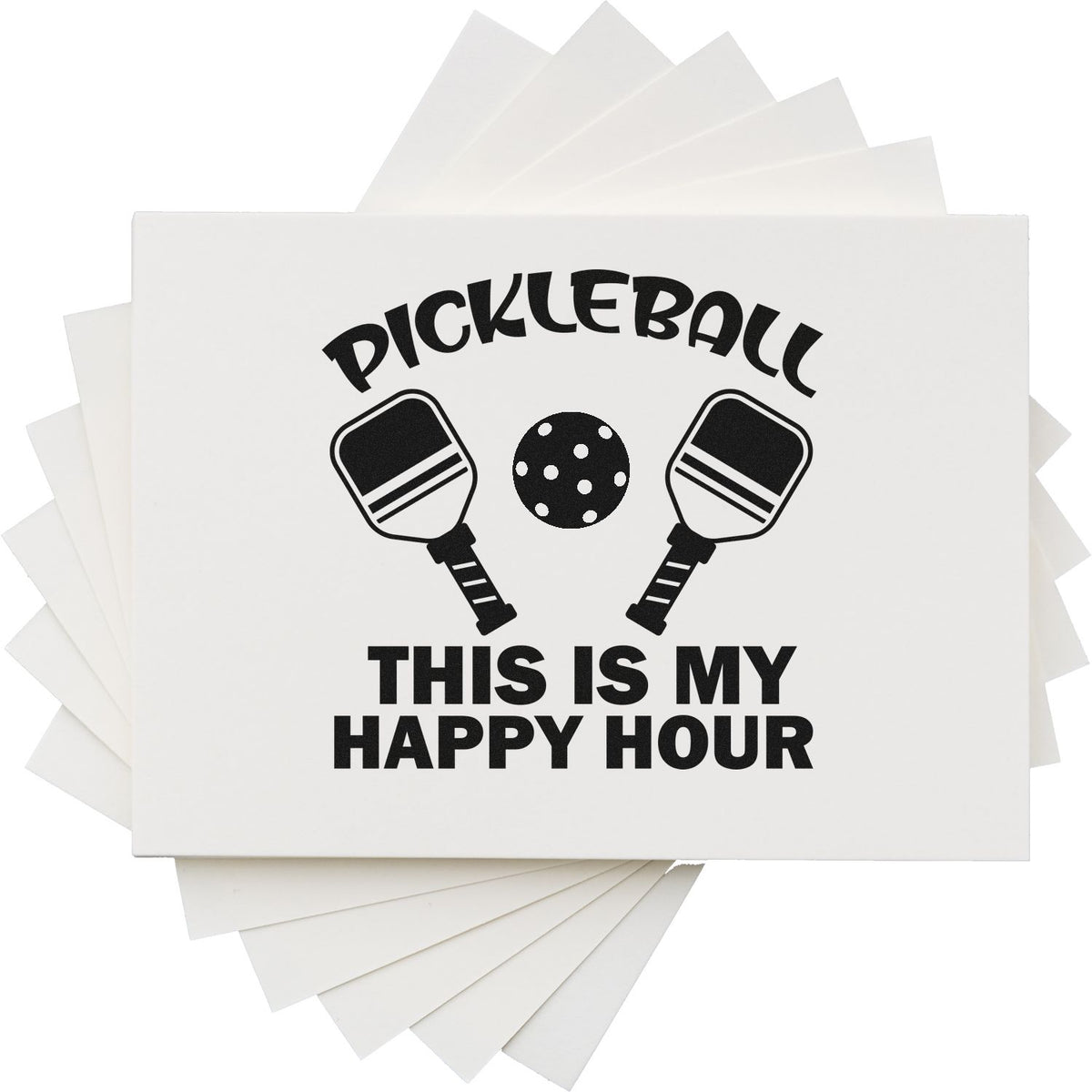 Pickleball rubber stamp design with paddles and ball reading This Is My Happy Hour for sports crafts and gifts.