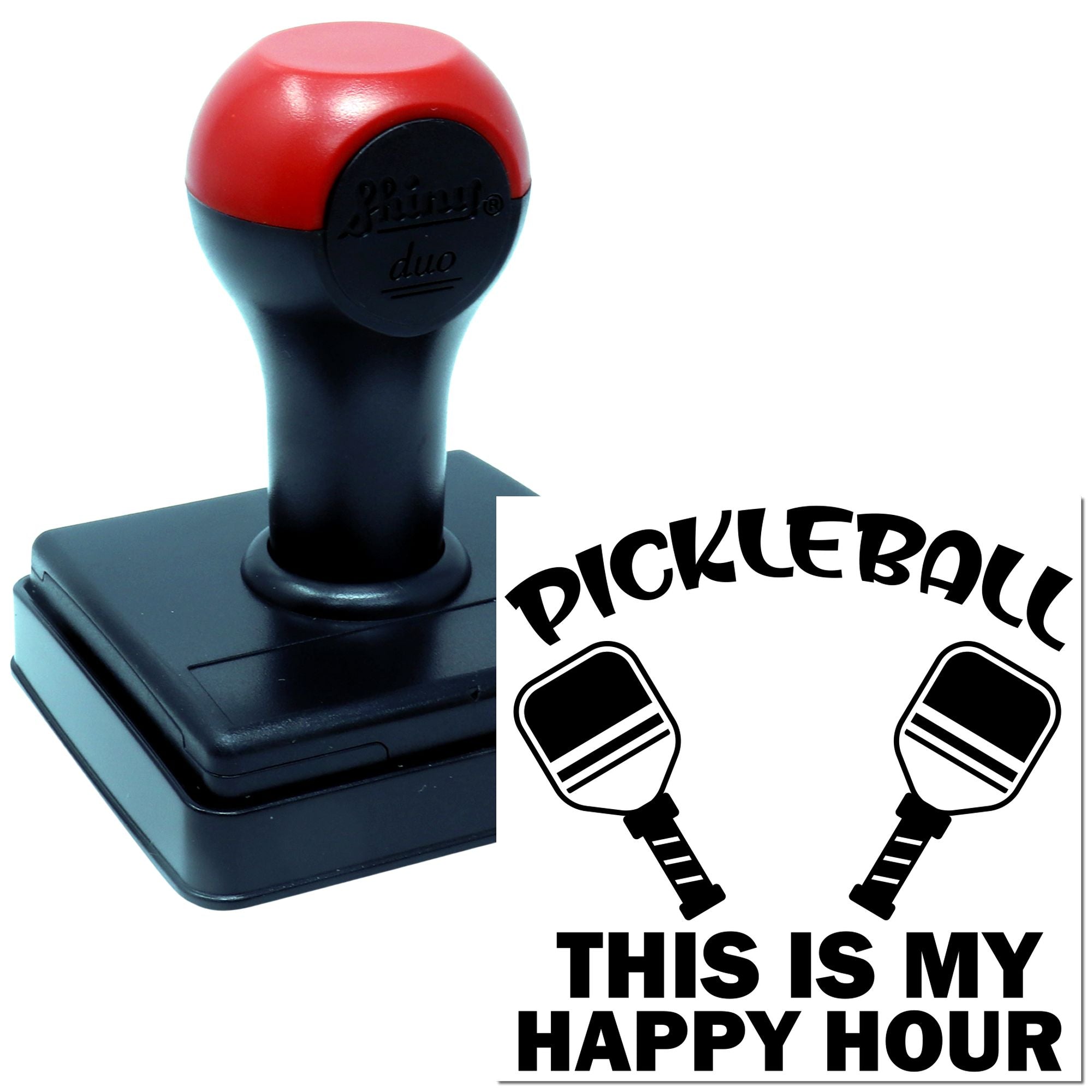 Custom pickleball rubber stamp with This Is My Happy Hour design for sports-themed crafts and personalized stamping.