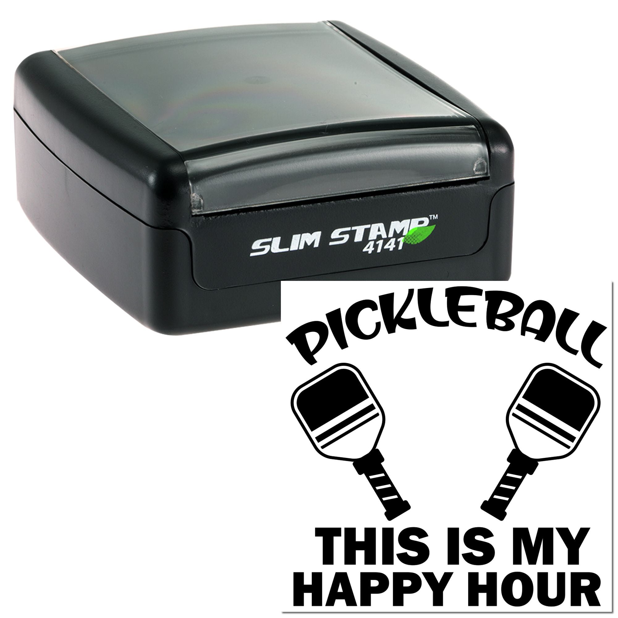 Self-inking custom rubber stamp with pickleball paddles and This Is My Happy Hour design.