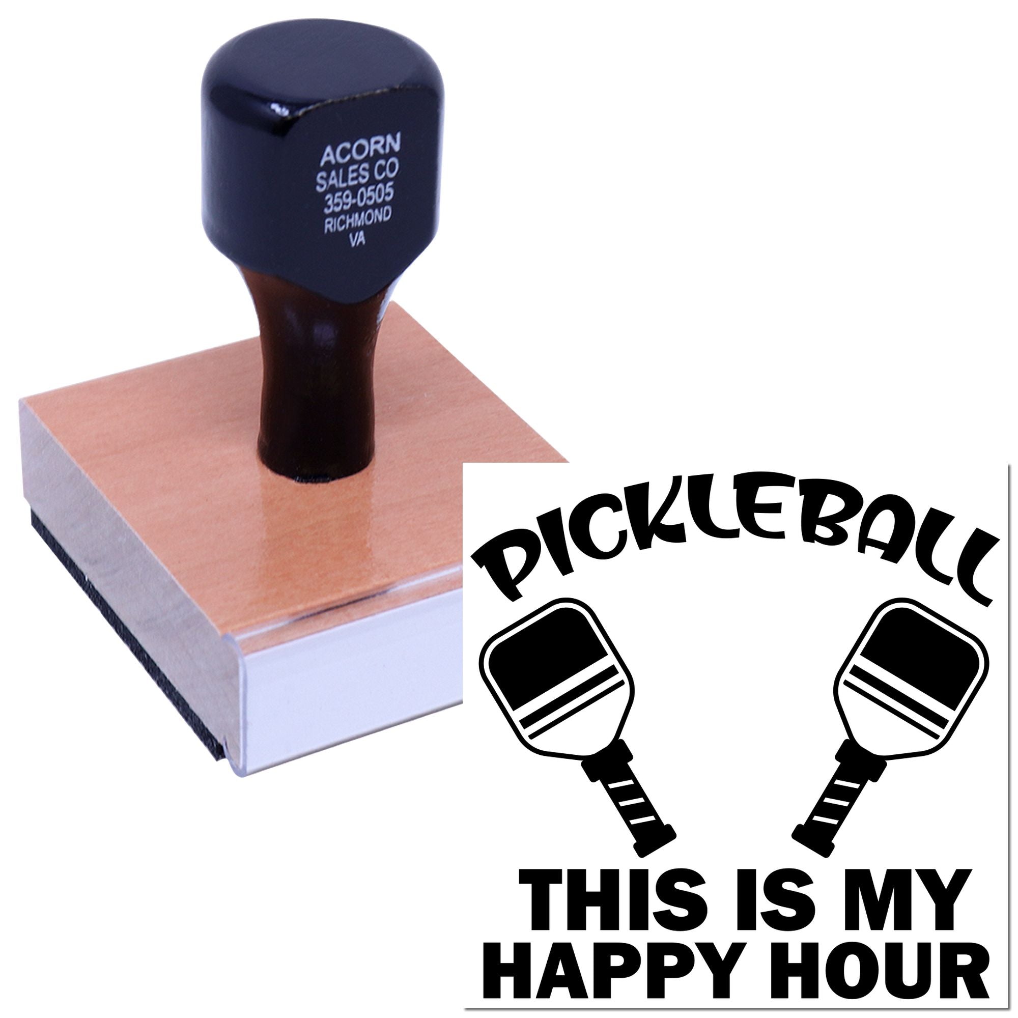 Custom pickleball rubber stamp with This Is My Happy Hour design for personalized sports crafts, gifts, and events.