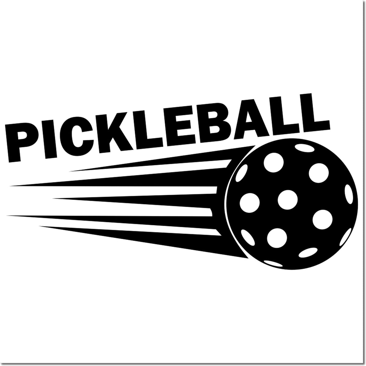 Pickleball rubber stamp design with bold text and a speeding pickleball graphic for sports branding or crafts
