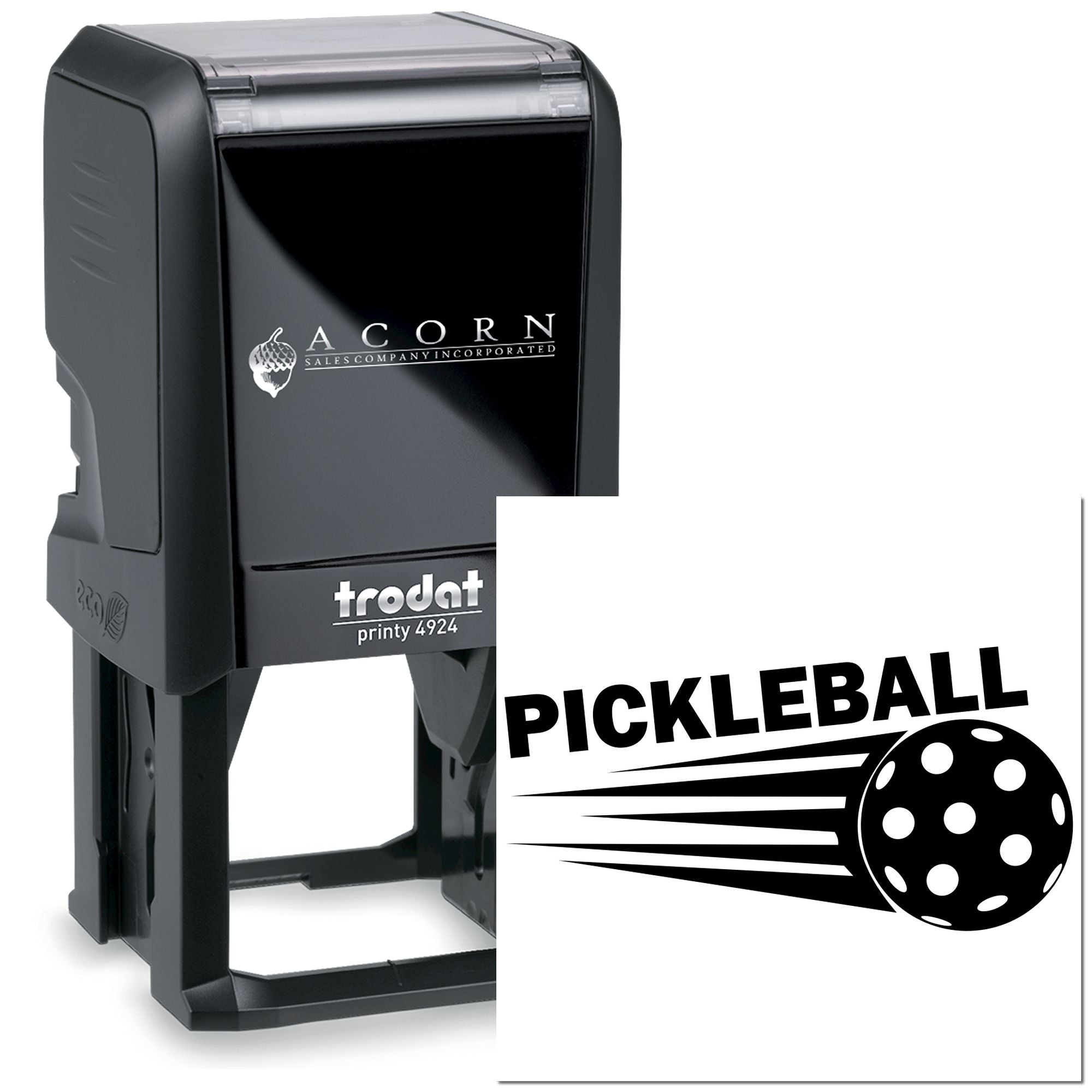 Custom self-inking pickleball rubber stamp with bold logo imprint for sports clubs, teams, and branded merchandise.