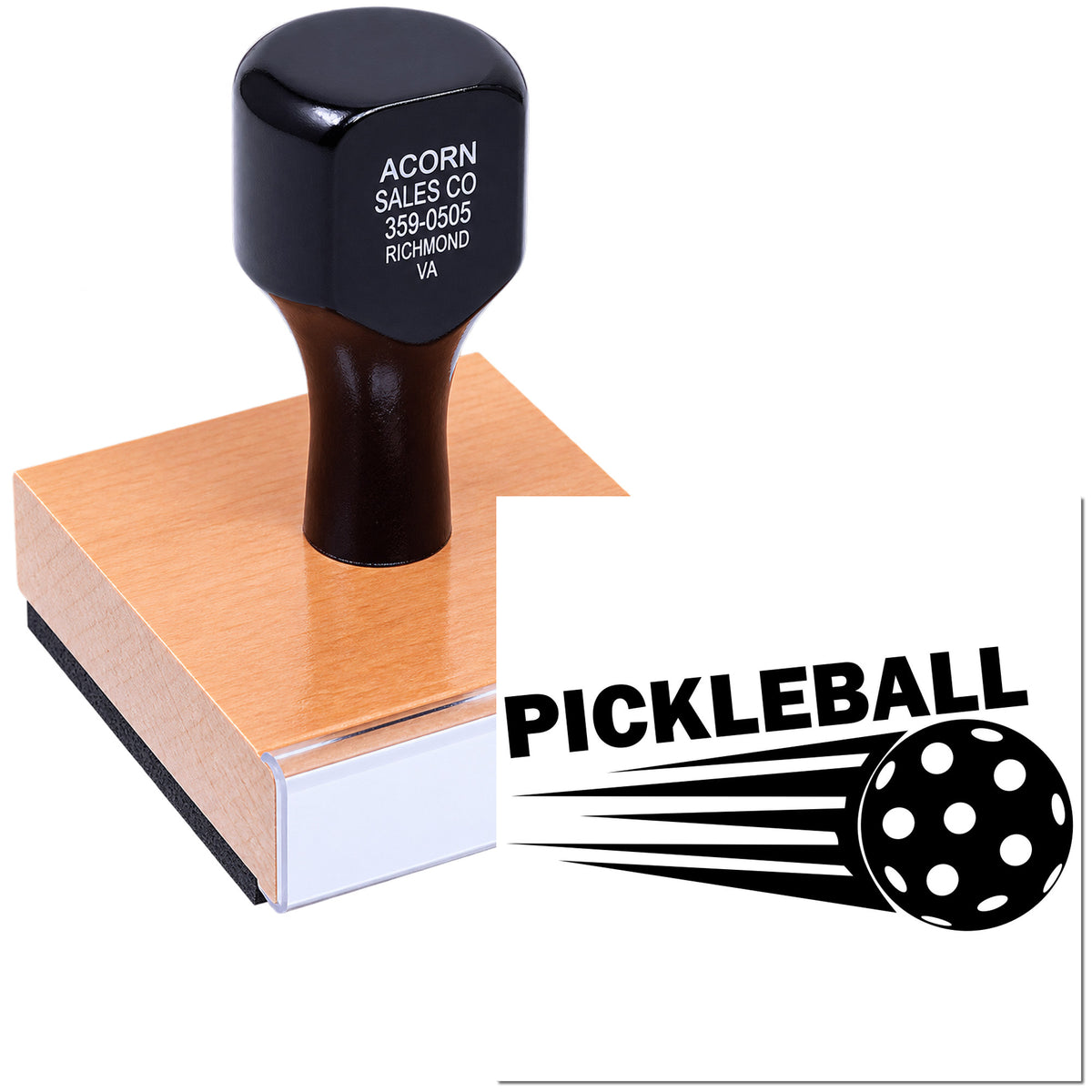 Custom pickleball rubber stamp with logo and address imprint, ideal for sports branding and packaging.