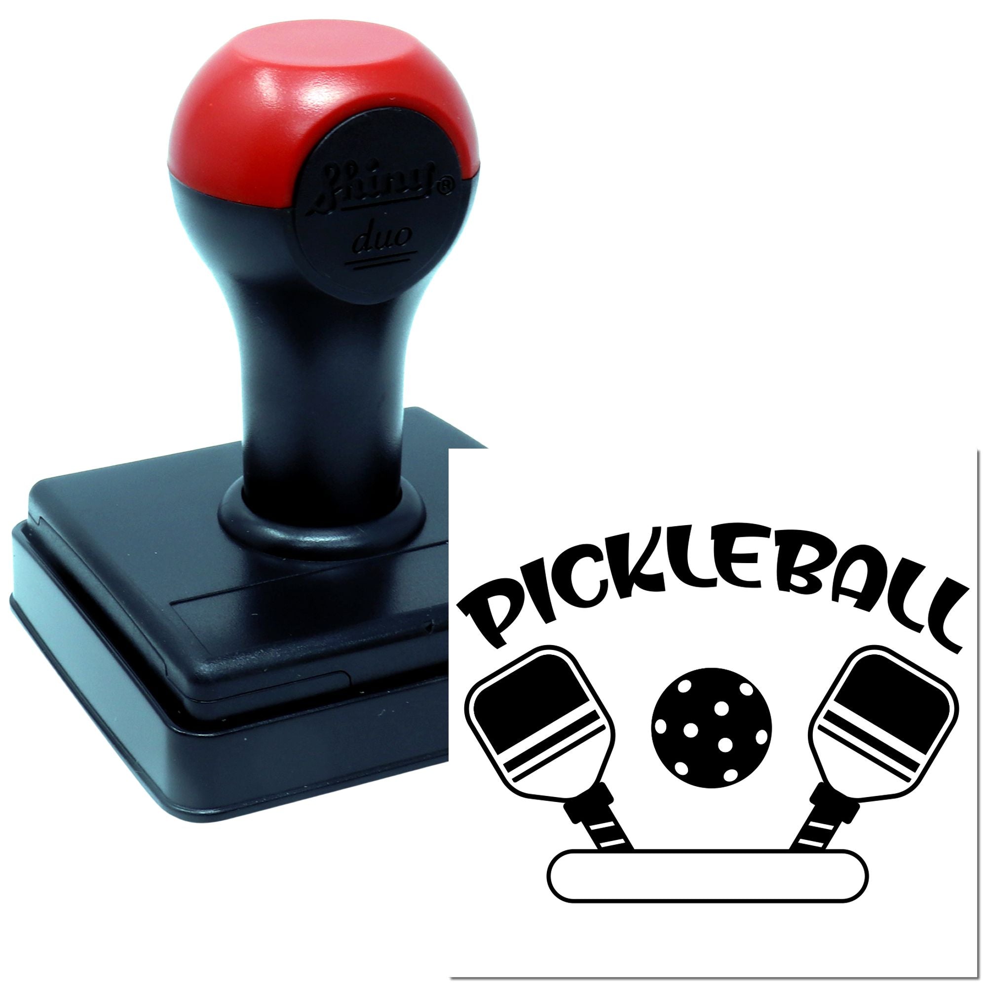 Self-inking pickleball rubber stamp with paddle and ball design for custom sports branding, crafts, and personal marking.
