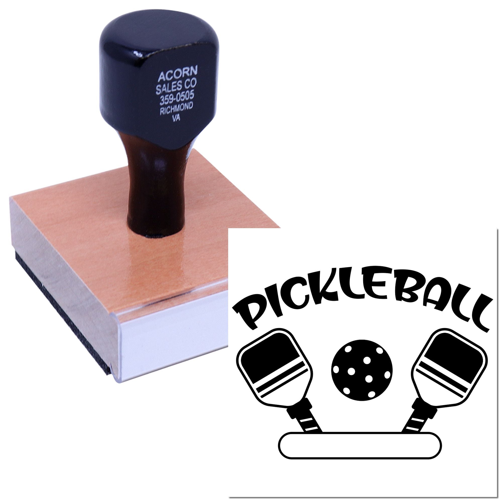 Custom pickleball rubber stamp with paddle and ball logo for sports clubs, events, and team branding.