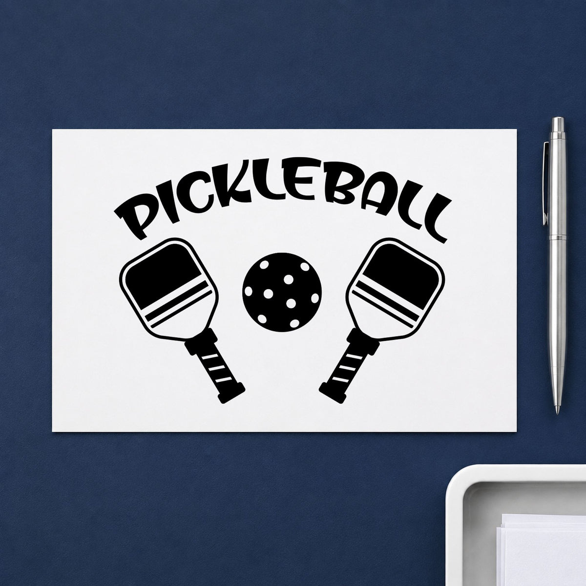 Pickleball Paddles And Ball rubber stamp printed in black ink, ready for flanking paddle cards and similar paper crafts.