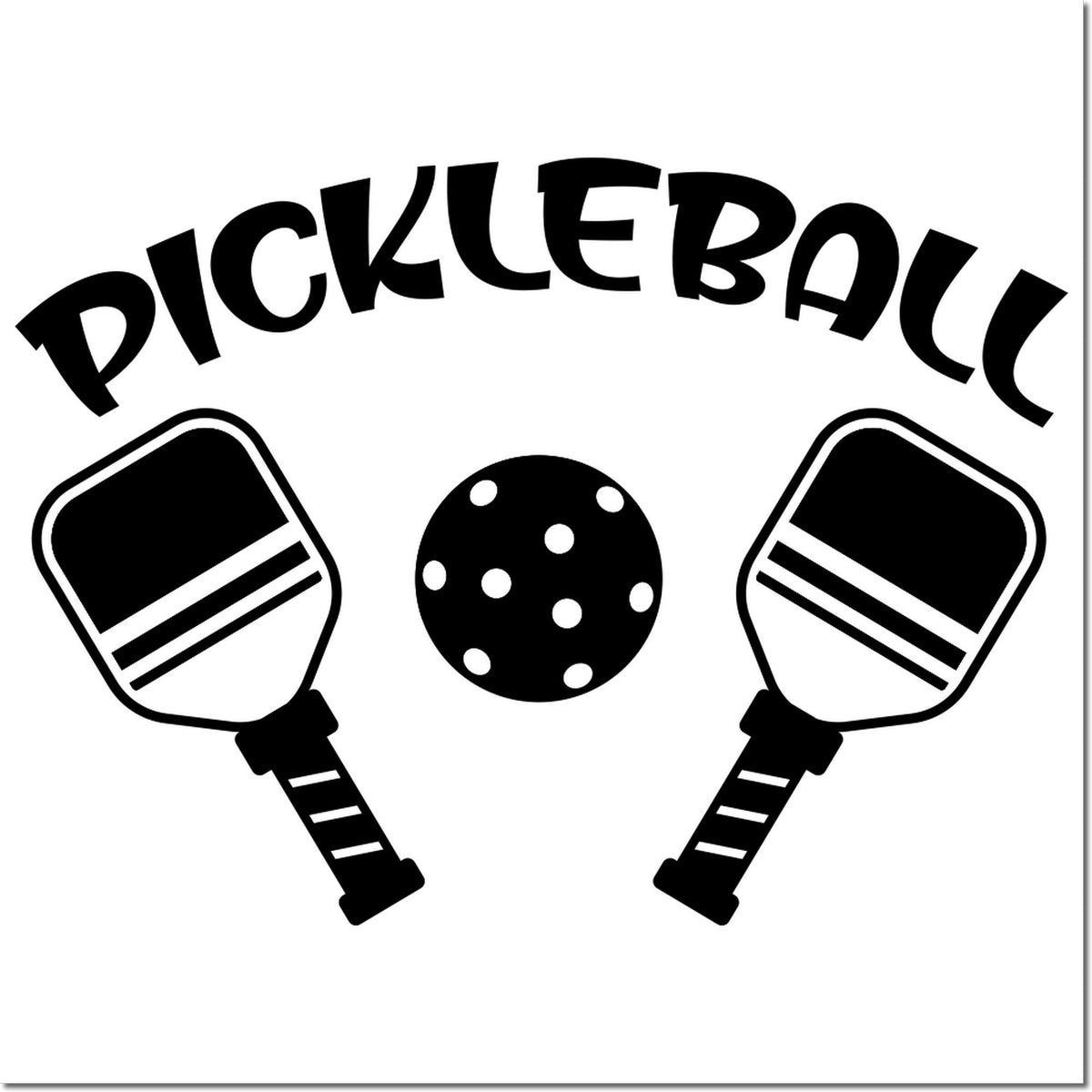 Pickleball rubber stamp design with two paddles and a ball for custom sports crafts and team branding.