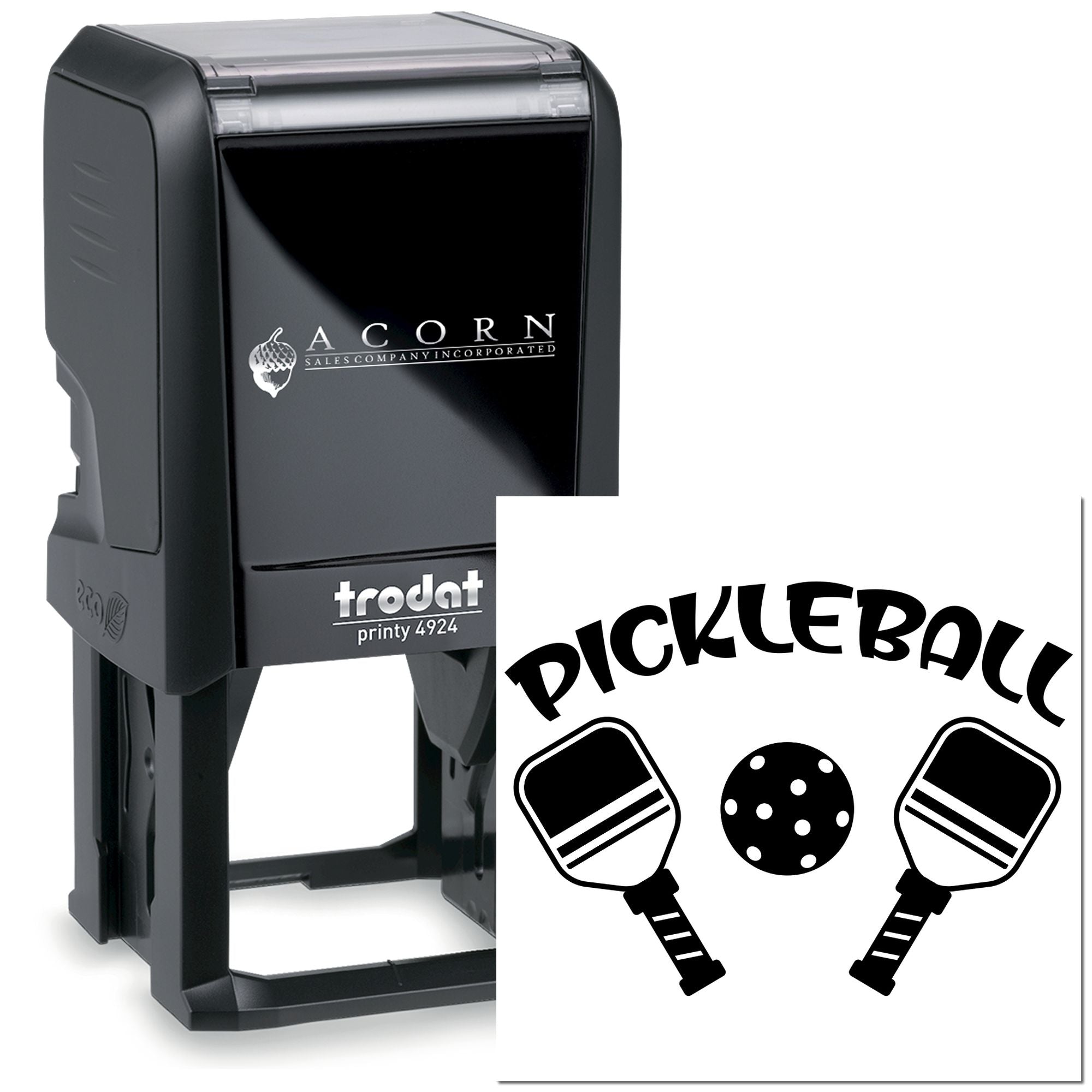 Custom pickleball rubber stamp on a Trodat Printy 4924 self-inking stamp, ideal for club branding and packaging.