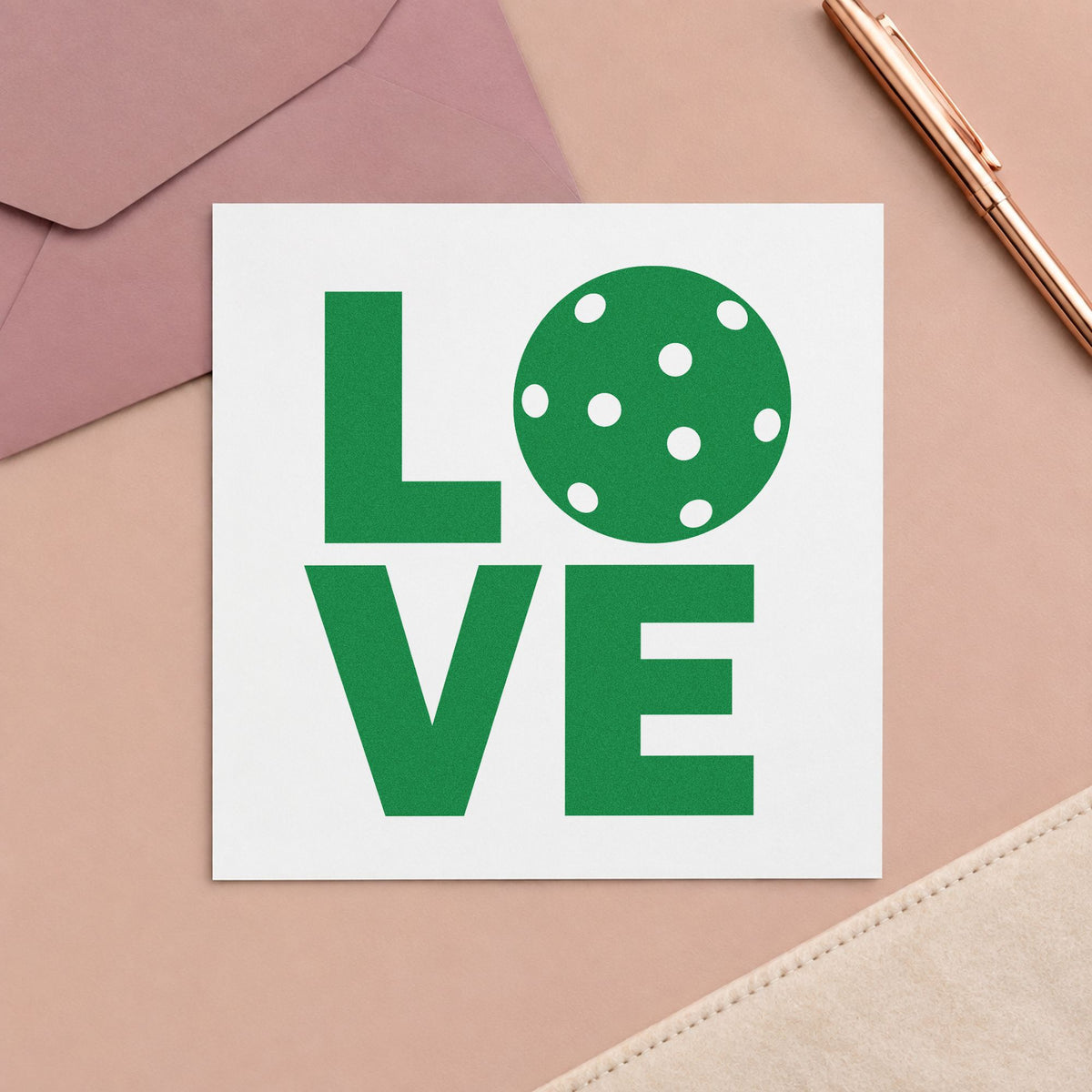 Stacked Love Pickleball Ball craft stamp in green ink on cardstock, an easy option for mixed night album page.