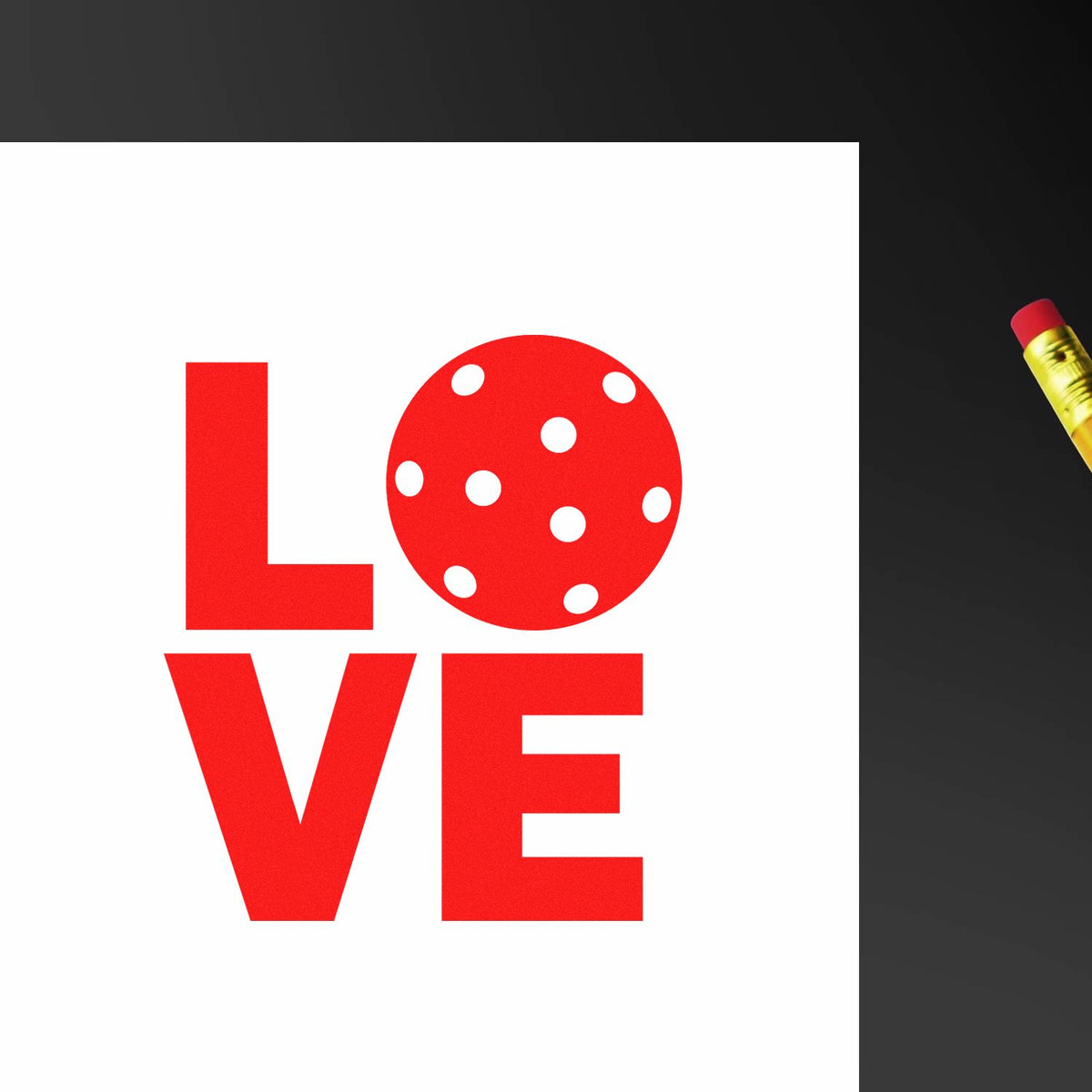 LOVE rubber stamp design with bold red letters and polka dot O on white paper, perfect for cards, crafts, and Valentines projects.
