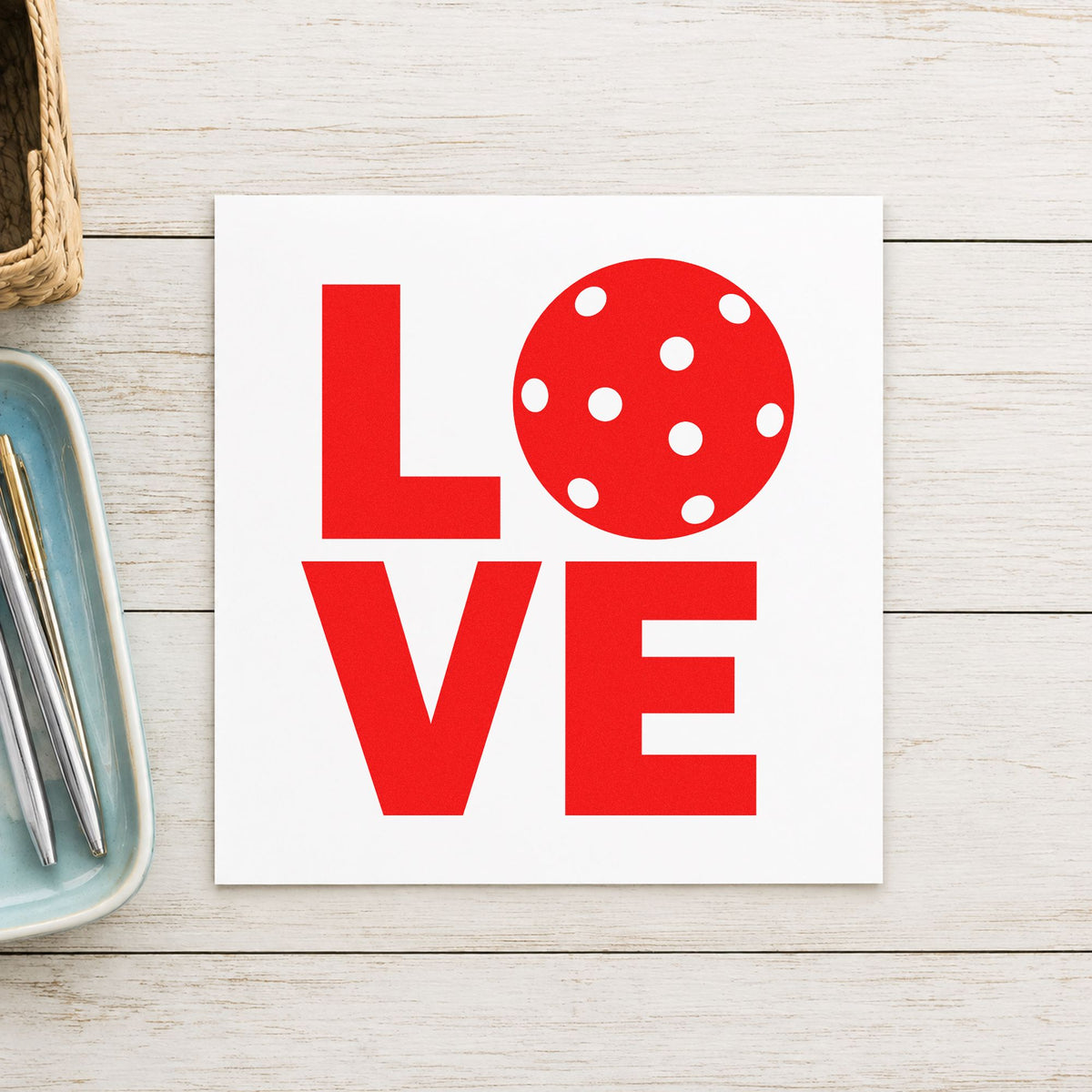 Stacked Love Pickleball Ball rubber stamp shown in red ink, stamped for projects such as bin decor labels.