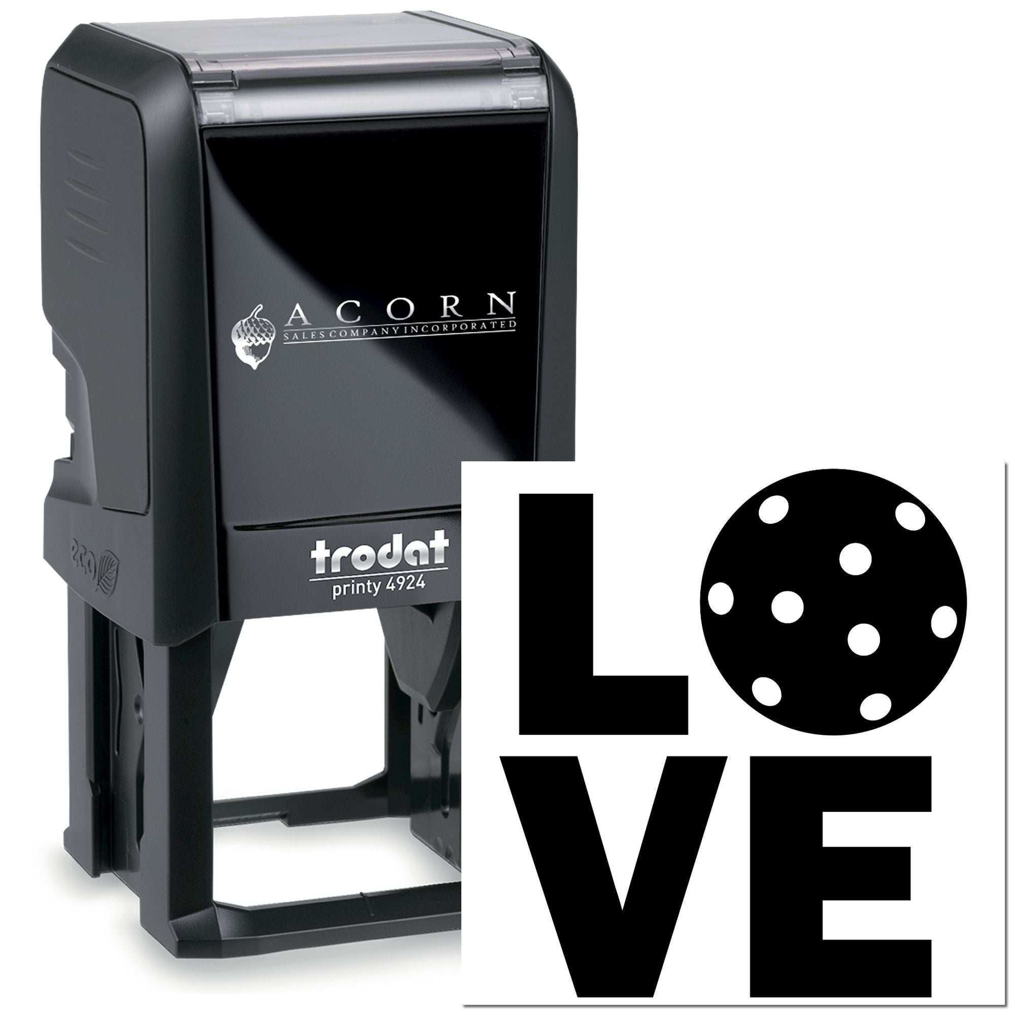 Custom Trodat Printy 4924 self-inking rubber stamp with LOVE design for wedding, craft, or branding use.