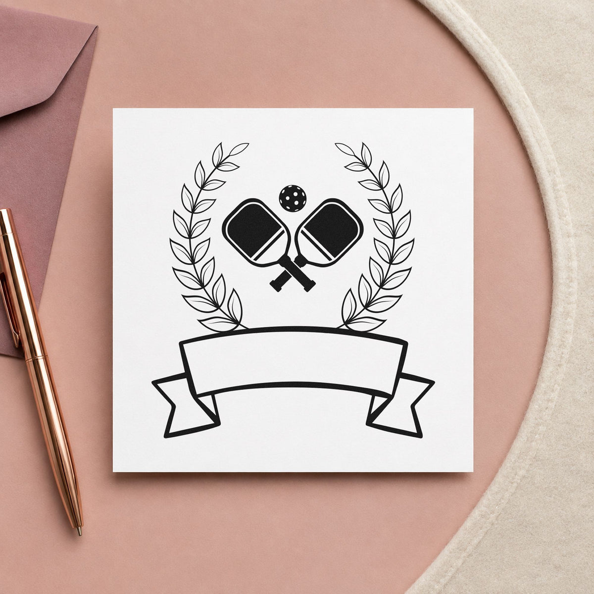 Pickleball Laurel Blank Ribbon craft stamp in black ink on cardstock, an easy option for championship album page.