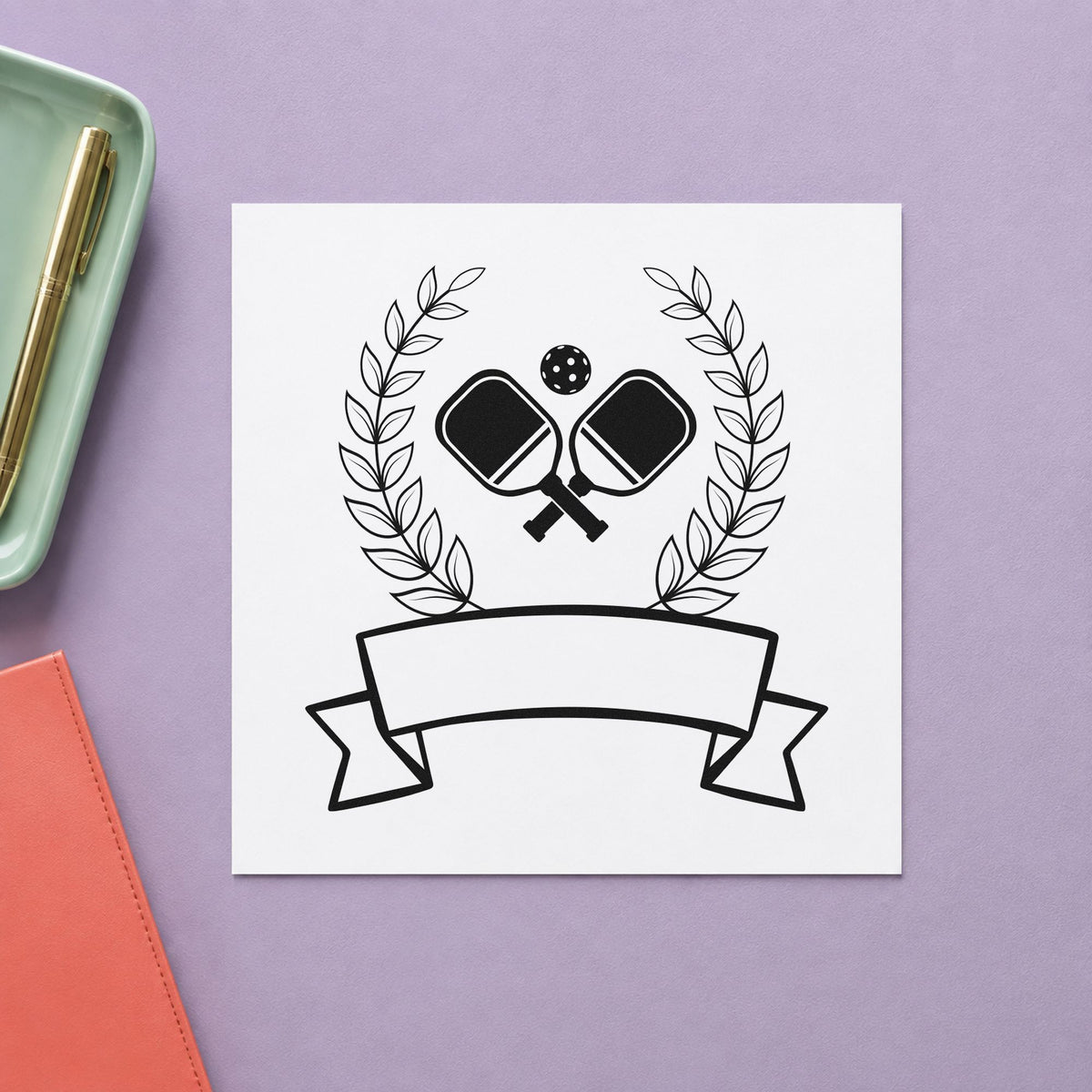 Pickleball Laurel Blank Ribbon craft stamp imprint in black ink on a handmade project, one idea being winner gift tags.