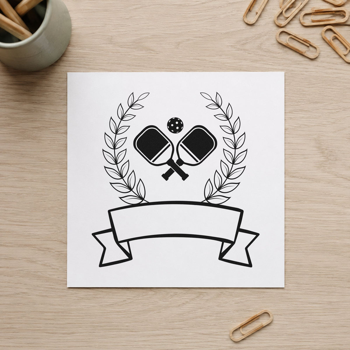 Pickleball Laurel Blank Ribbon rubber stamp printed in black ink, ready for final draw sheet and similar paper crafts.