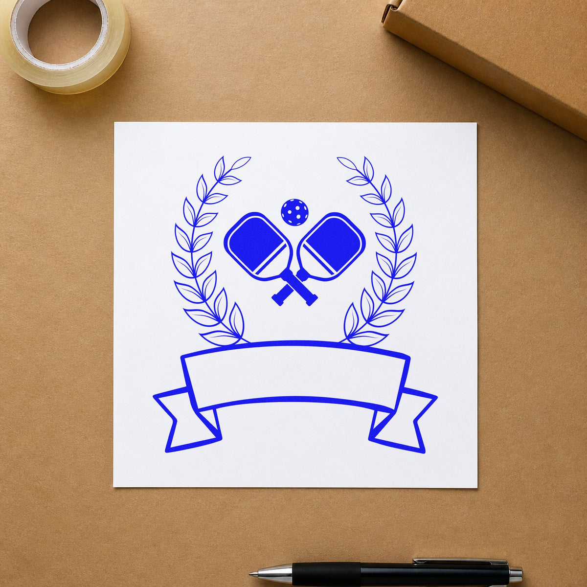 Pickleball Laurel Blank Ribbon craft stamp imprinted in blue ink on paper, a design suited to framed club board.