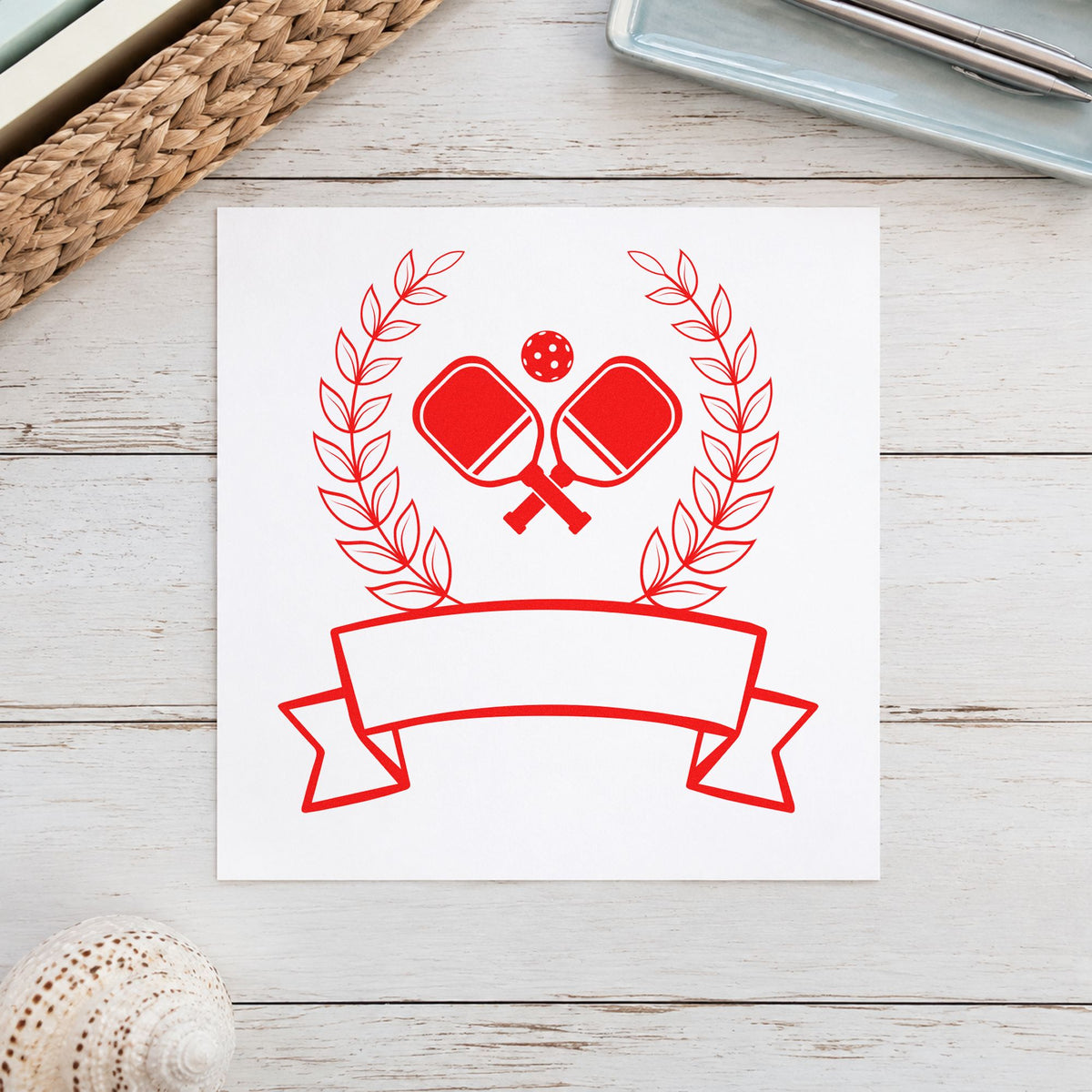 Pickleball Laurel Blank Ribbon rubber stamp shown in red ink, stamped for projects such as bin trophy labels.